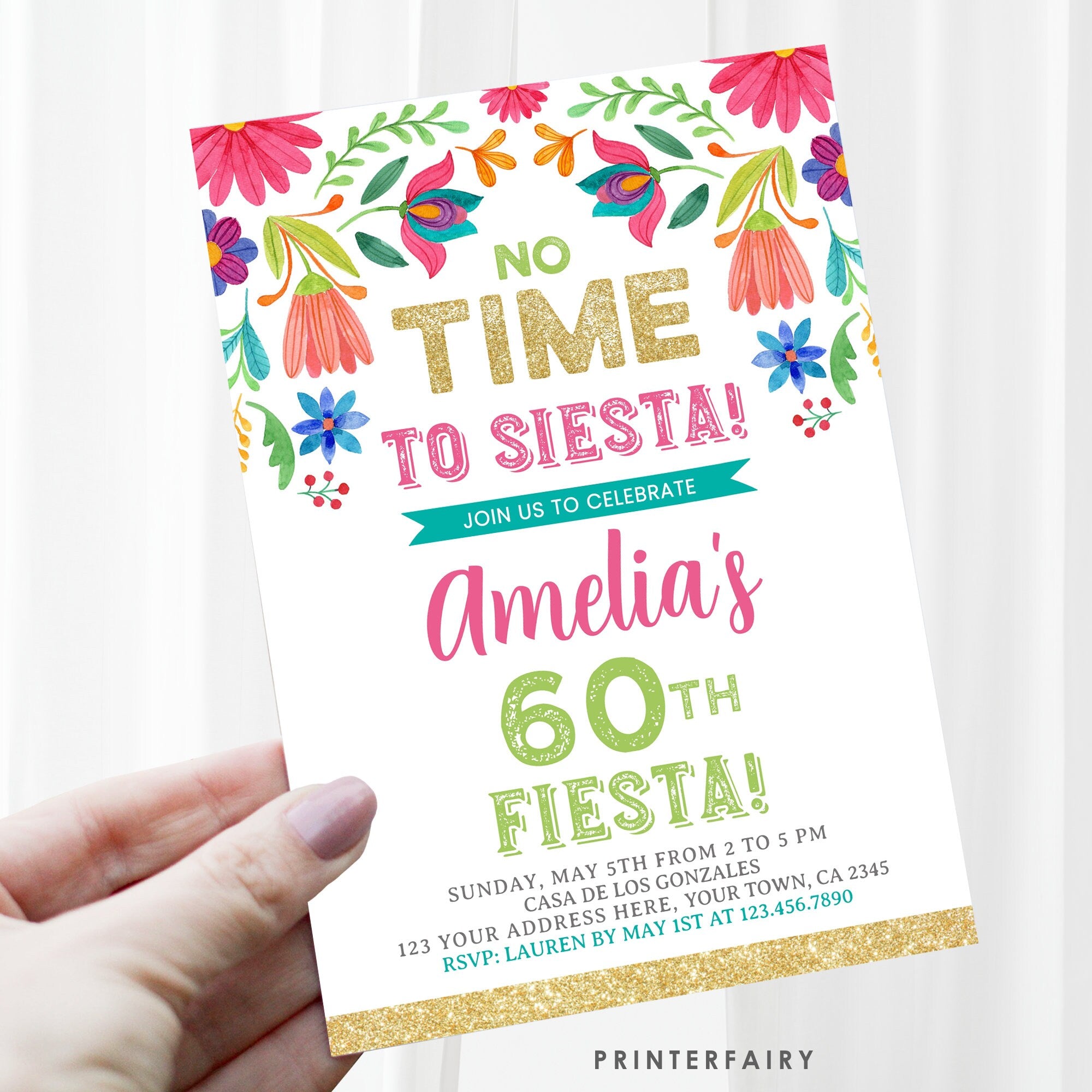 Mexican Floral Fiesta Birthday Invitation, Editable Template (Digital)