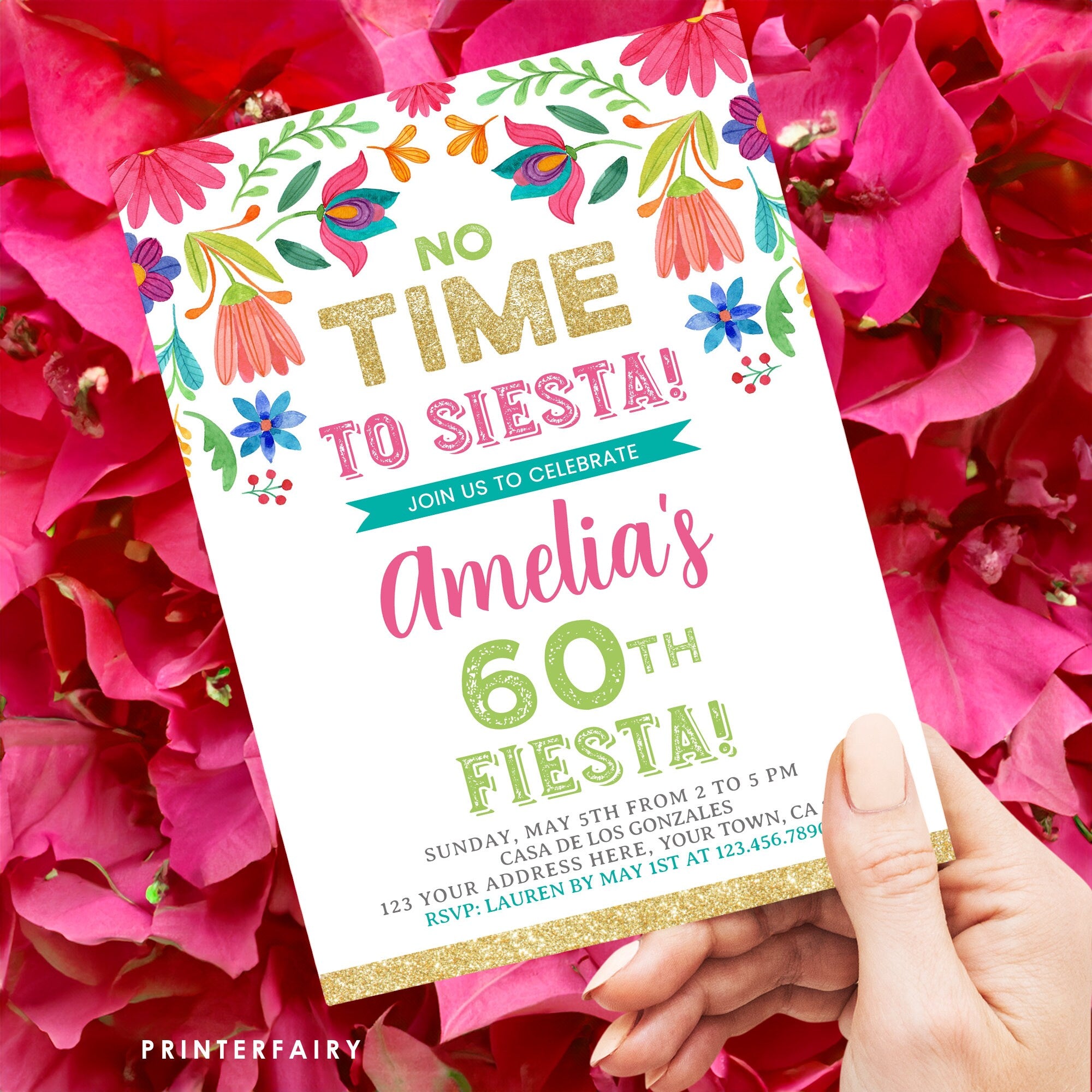 Mexican Floral Fiesta Birthday Invitation, Editable Template (Digital)