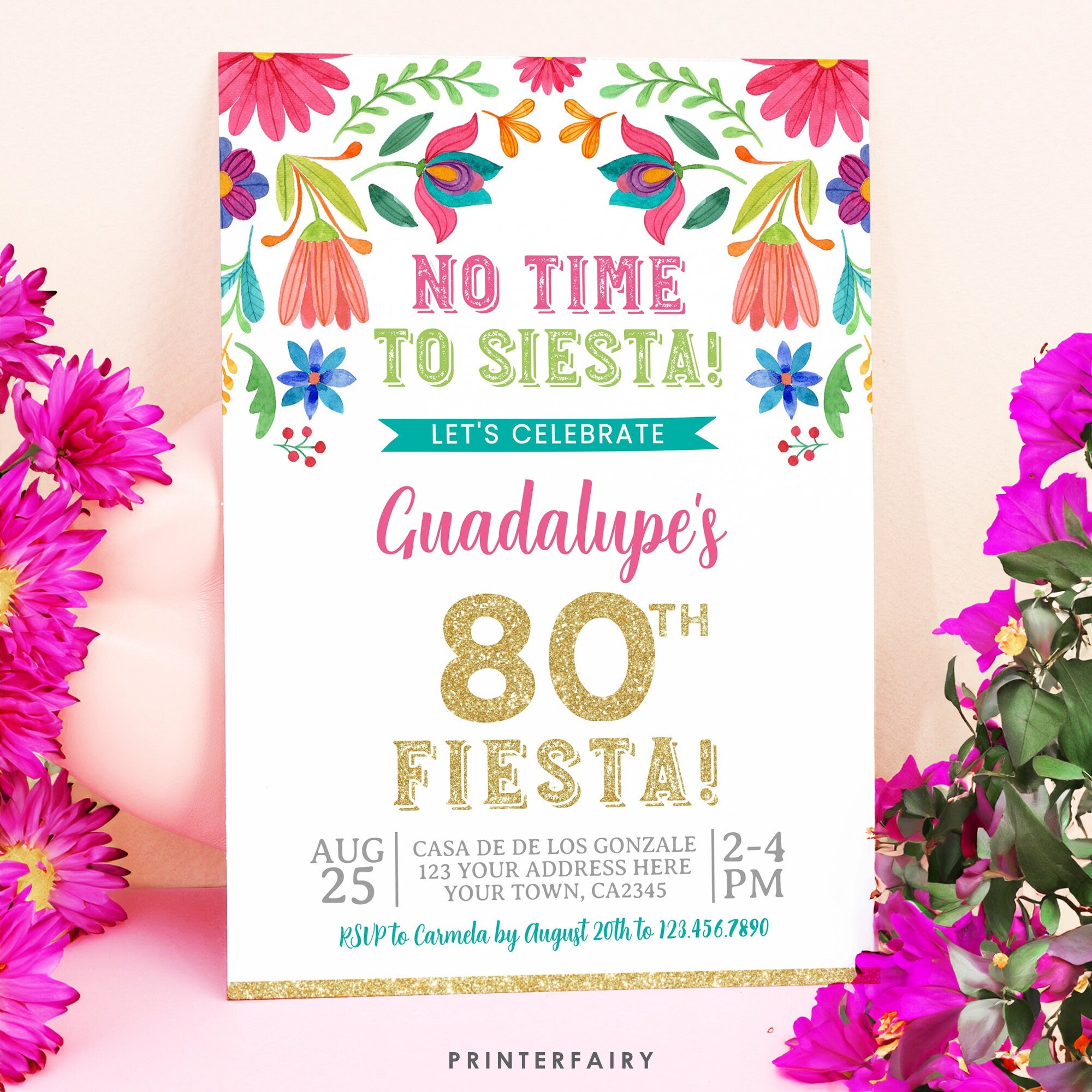 Adult Fiesta Invitation, Mexican Floral Birthday Invite, Editable (Digital Download)