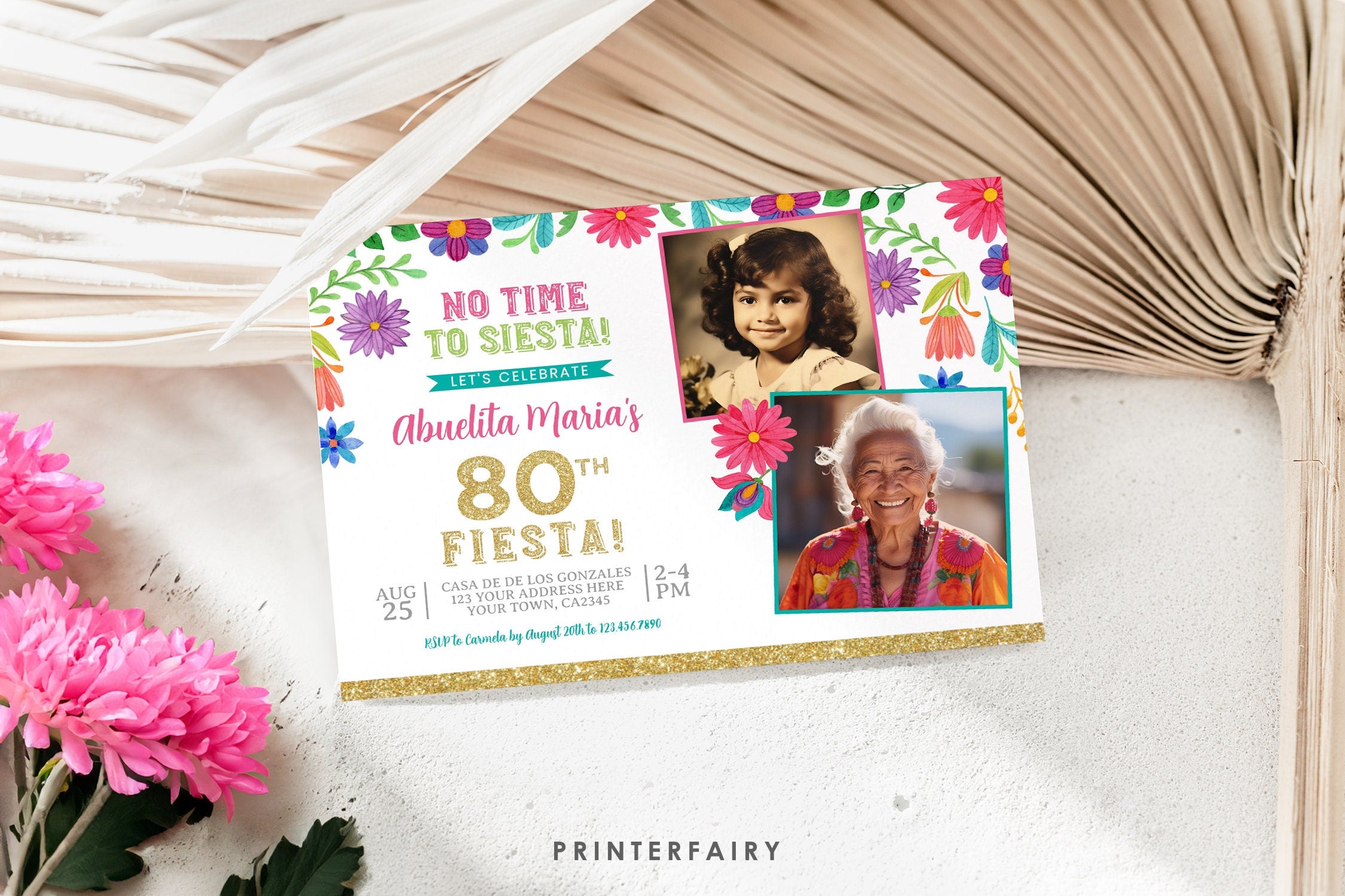 Mexican Floral Fiesta Birthday Invitation with Photo (Editable Digital Item)