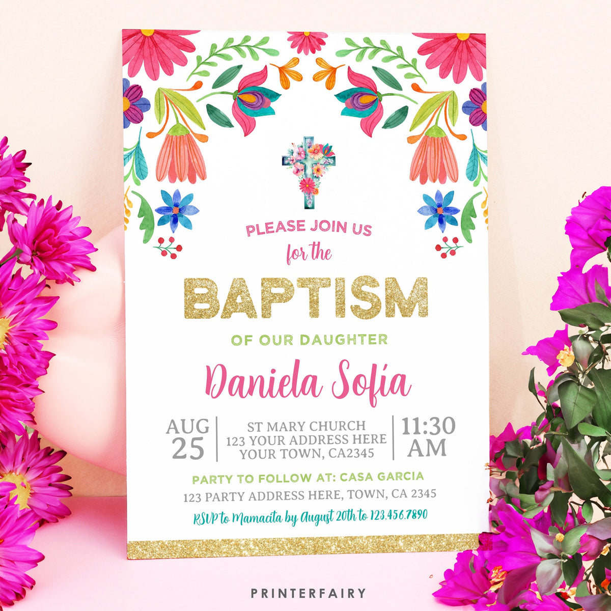 Mexican Floral Baptism Invitation, Fiesta Party (Editable Digital Item)