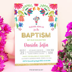 Mexican Floral Baptism Invitation, Fiesta Party (Editable Digital Item)