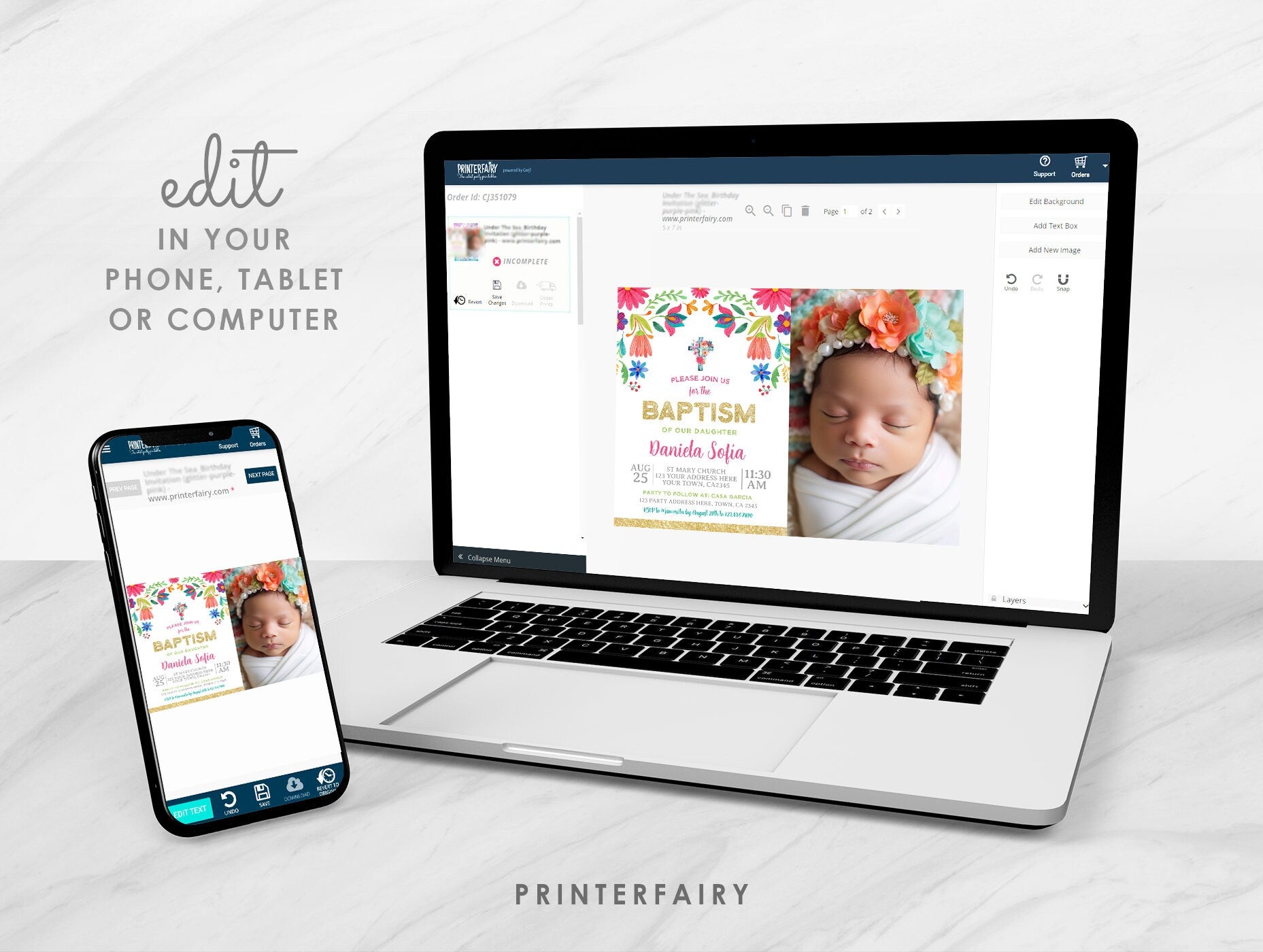 Mexican Floral Baptism Invitation with Photo, Editable Fiesta Invite (Digital)