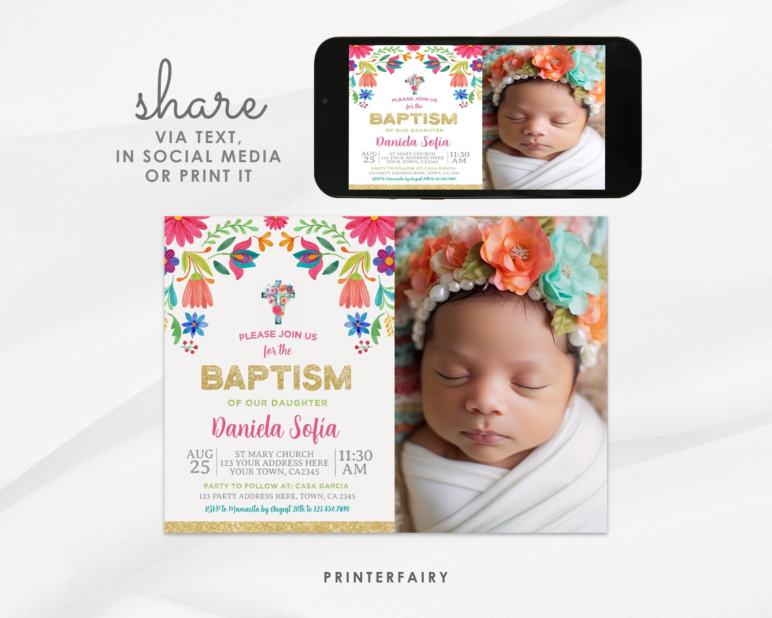 Mexican Floral Baptism Invitation with Photo, Editable Fiesta Invite (Digital)