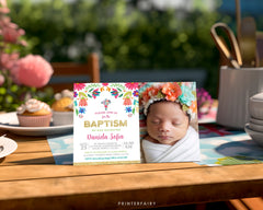 Mexican Floral Baptism Invitation with Photo, Editable Fiesta Invite (Digital)