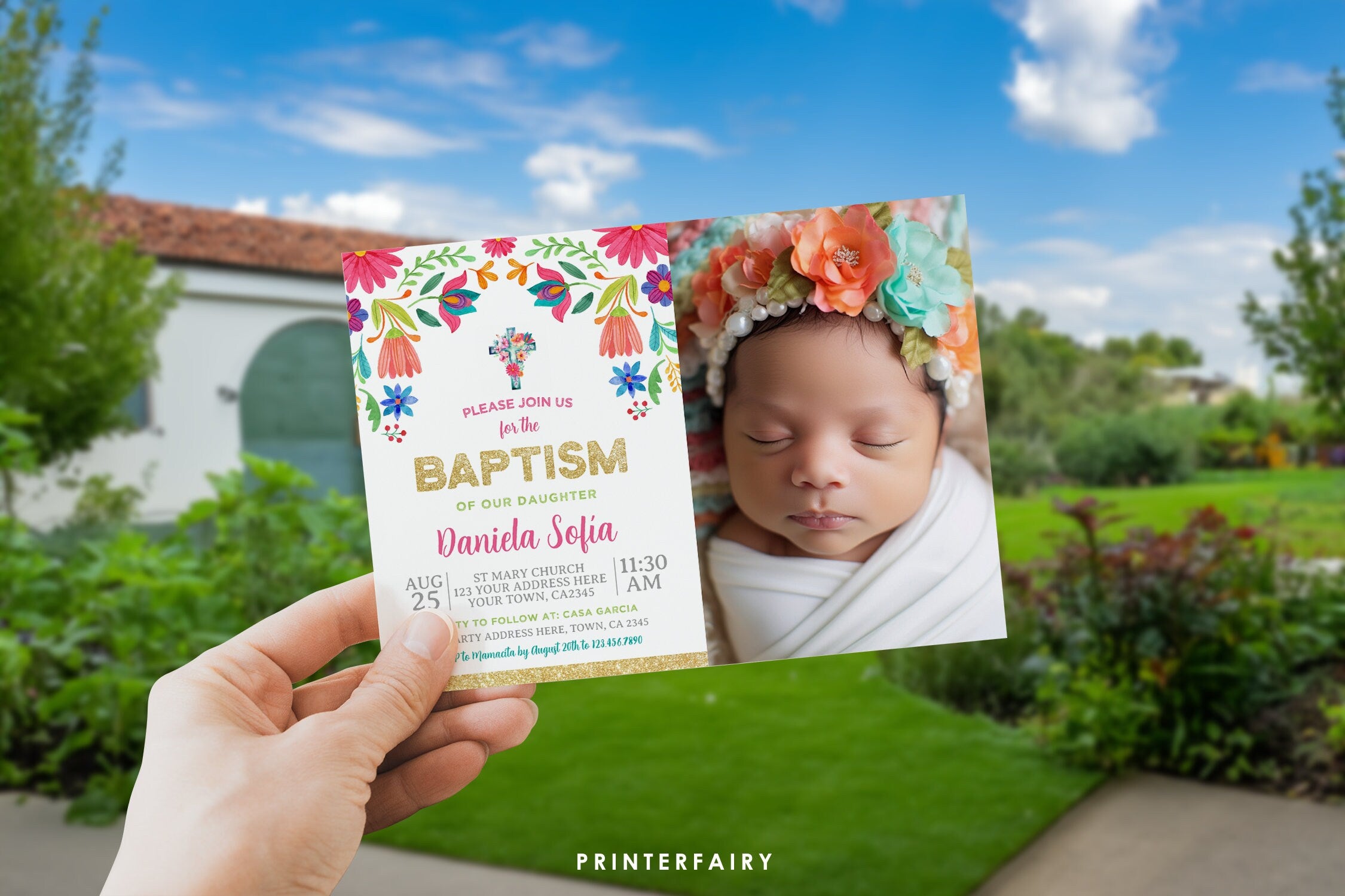 Mexican Floral Baptism Invitation with Photo, Editable Fiesta Invite (Digital)