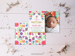 Mexican Floral Baptism Invitation with Photo, Editable Fiesta Invite (Digital)