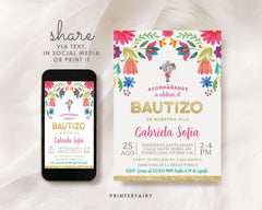Floral Fiesta Bautizo Invitation, Editable Spanish Invite (Digital Download)
