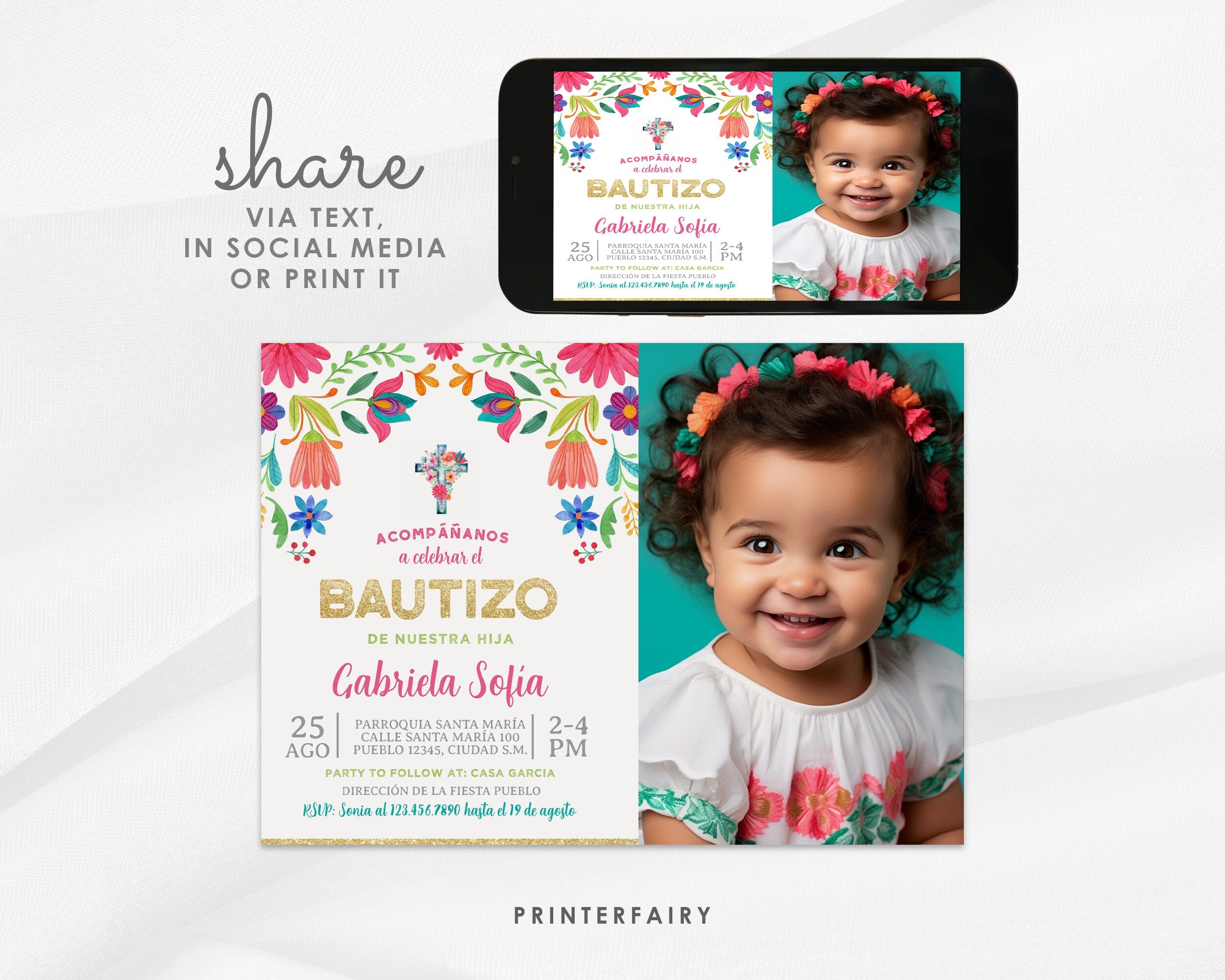 Floral Fiesta Bautizo Invitation with Photo (Digital Download)