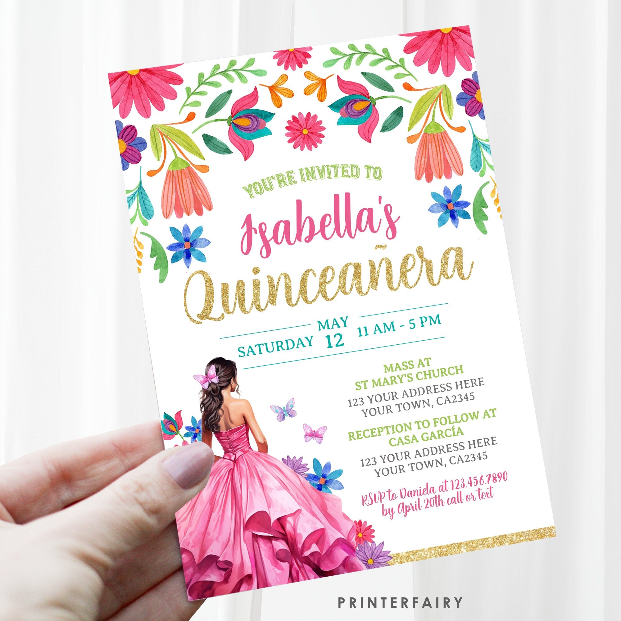 Floral Mexican Quinceañera Invitation, Fiesta Birthday Invite (Digital Download)