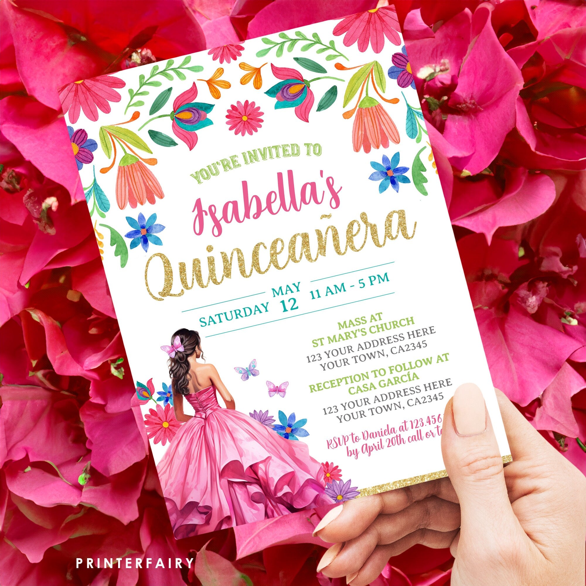 Floral Mexican Quinceañera Invitation, Fiesta Birthday Invite (Digital Download)