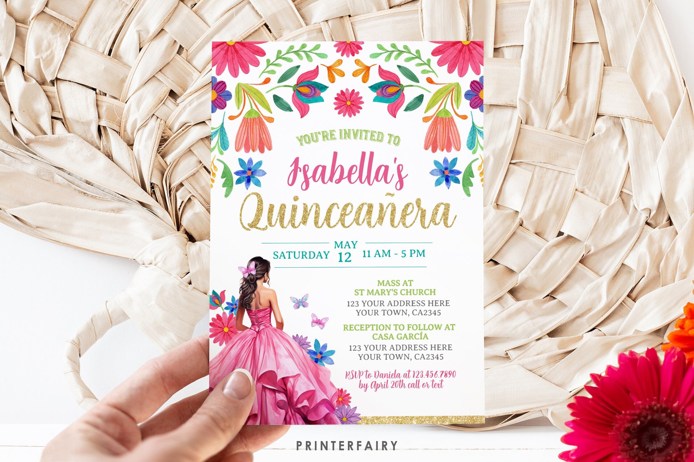 Floral Mexican Quinceañera Invitation, Fiesta Birthday Invite (Digital Download)