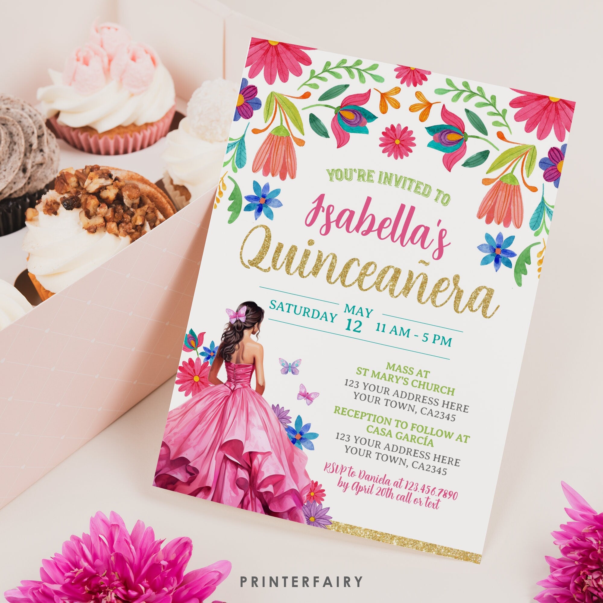 Floral Mexican Quinceañera Invitation, Fiesta Birthday Invite (Digital Download)