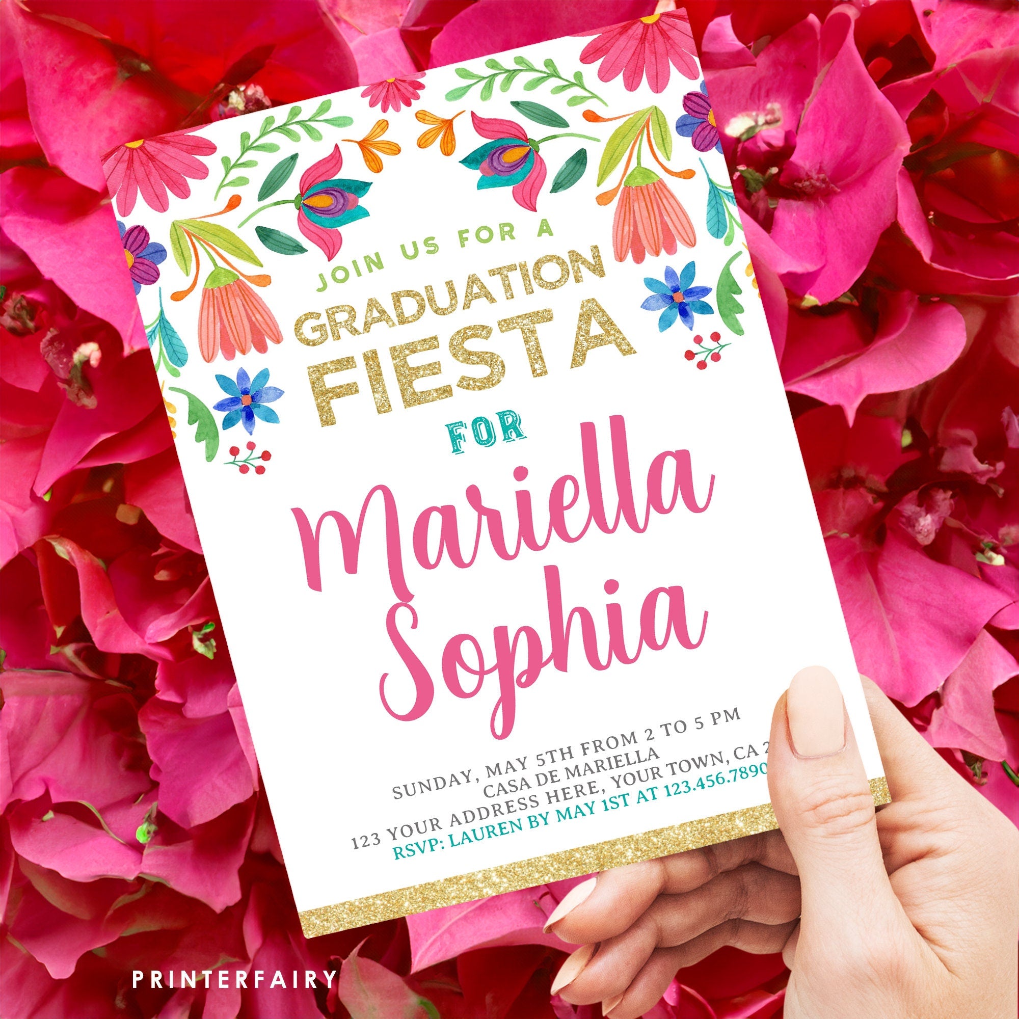 Mexican Fiesta Graduation Invitation, Floral, Editable (Instant Download)