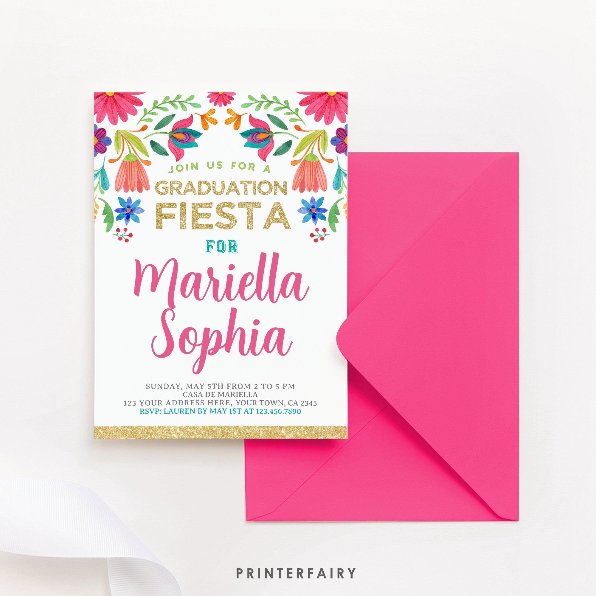 Mexican Fiesta Graduation Invitation, Floral, Editable (Instant Download)