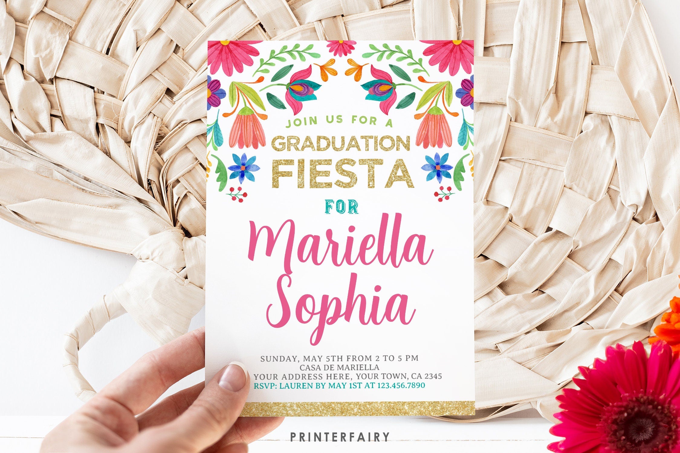 Mexican Fiesta Graduation Invitation, Floral, Editable (Instant Download)