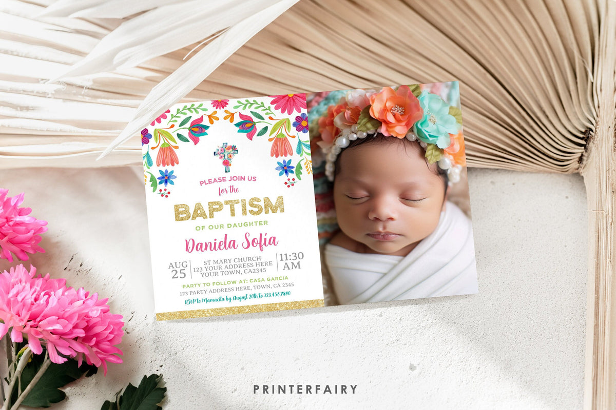 Mexican Floral Baptism Invitation with Photo, Editable Fiesta Invite (Digital)