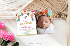 Mexican Floral Baptism Invitation with Photo, Editable Fiesta Invite (Digital)