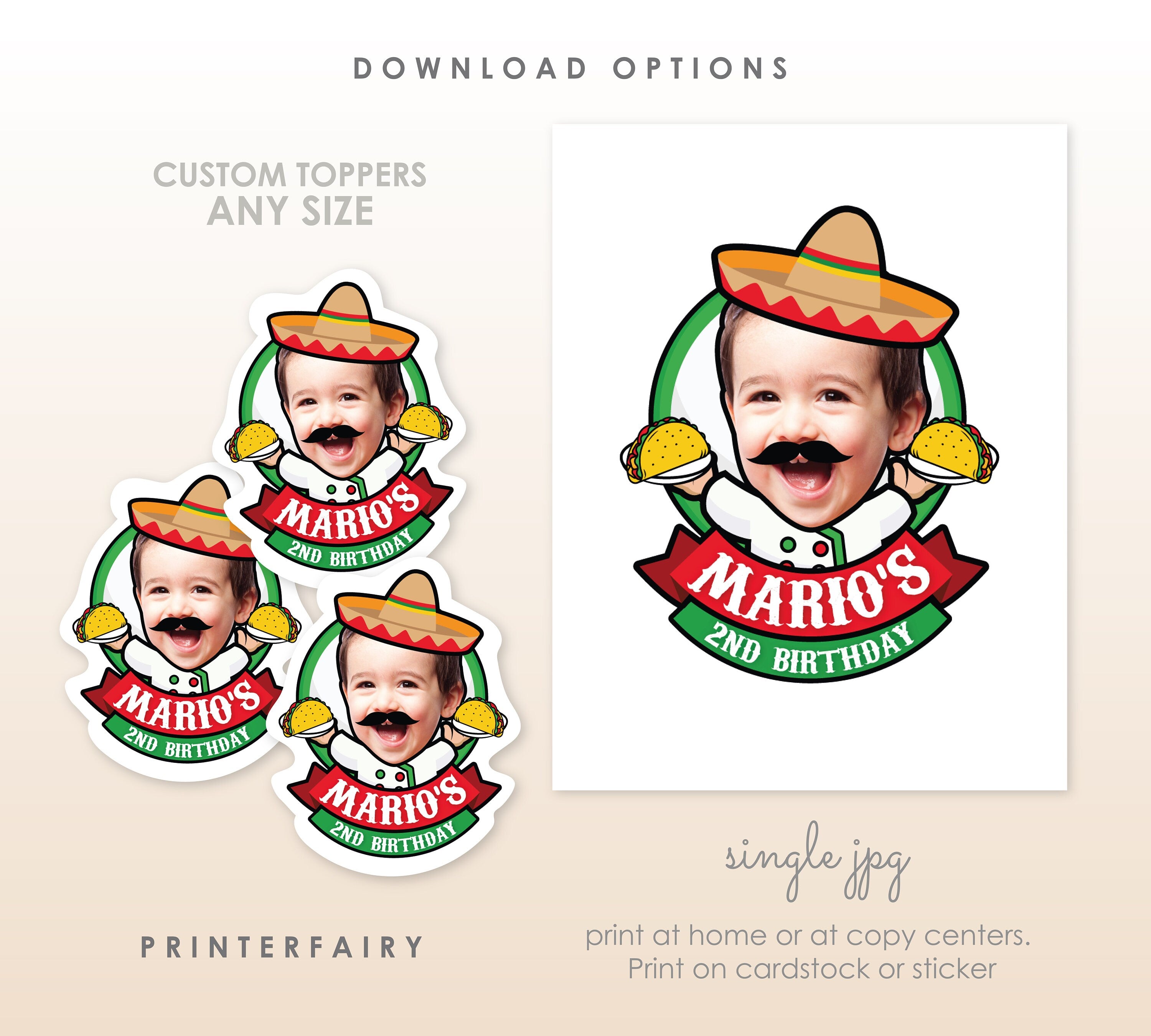 Taco Birthday Party Personalized Photo Cupcake Toppers, Mexican Fiesta (Digital)