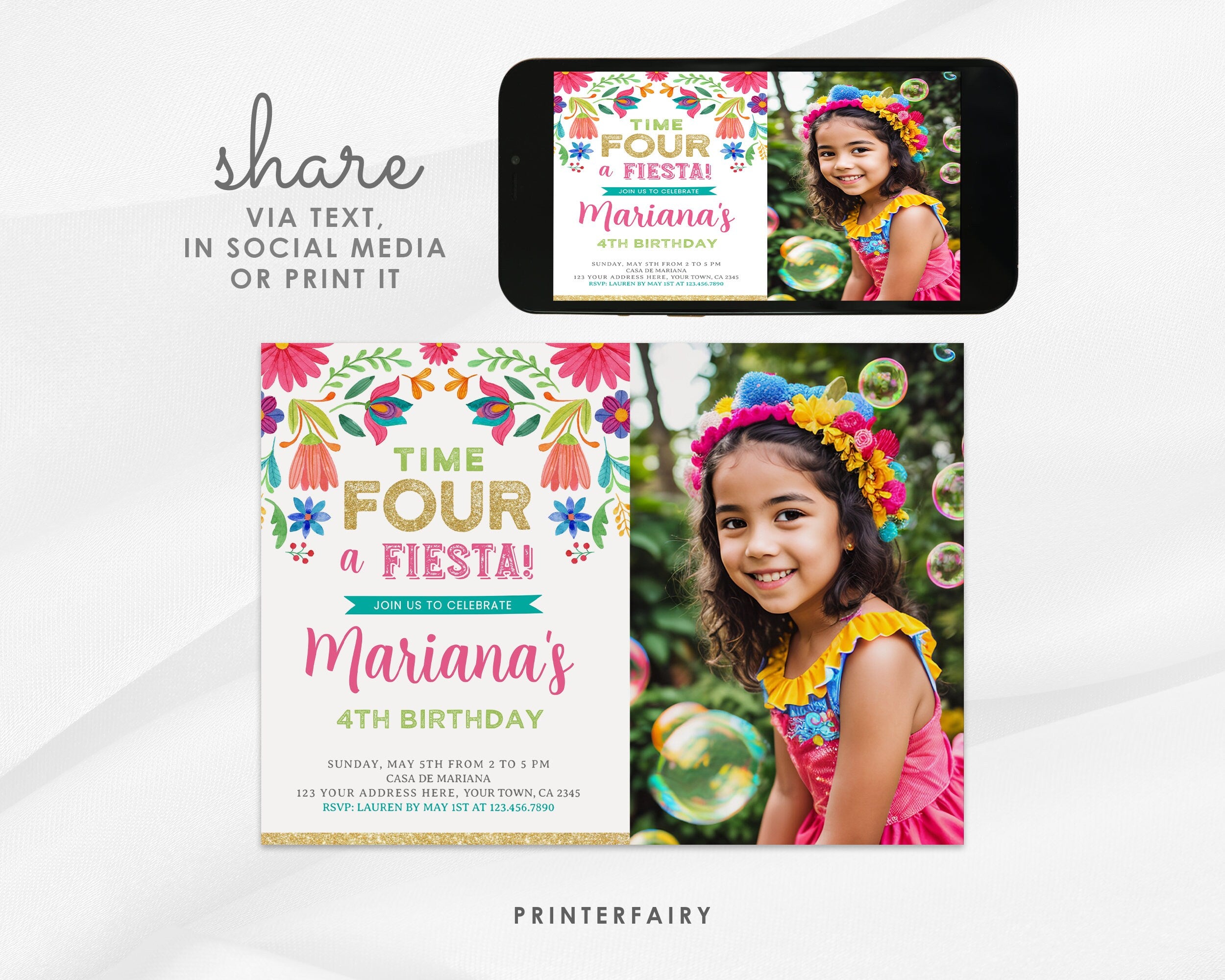Floral Fiesta 4th Birthday Invitation with Photo (Digital Download)