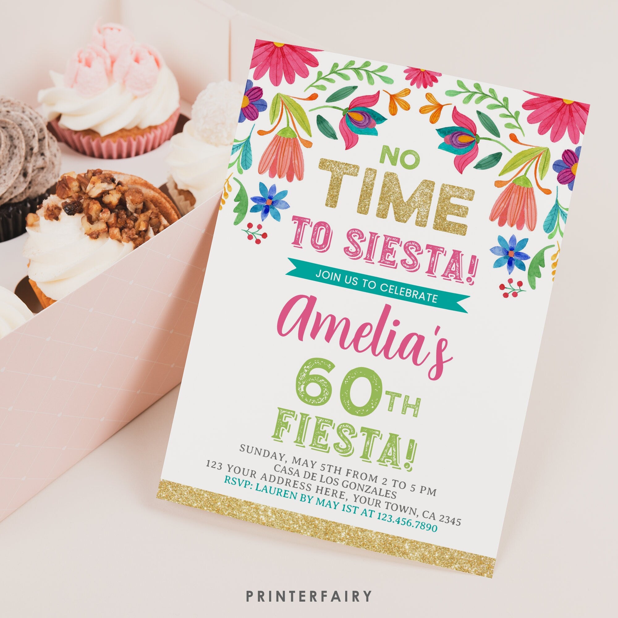 Mexican Floral Fiesta Birthday Invitation, Editable Template (Digital)