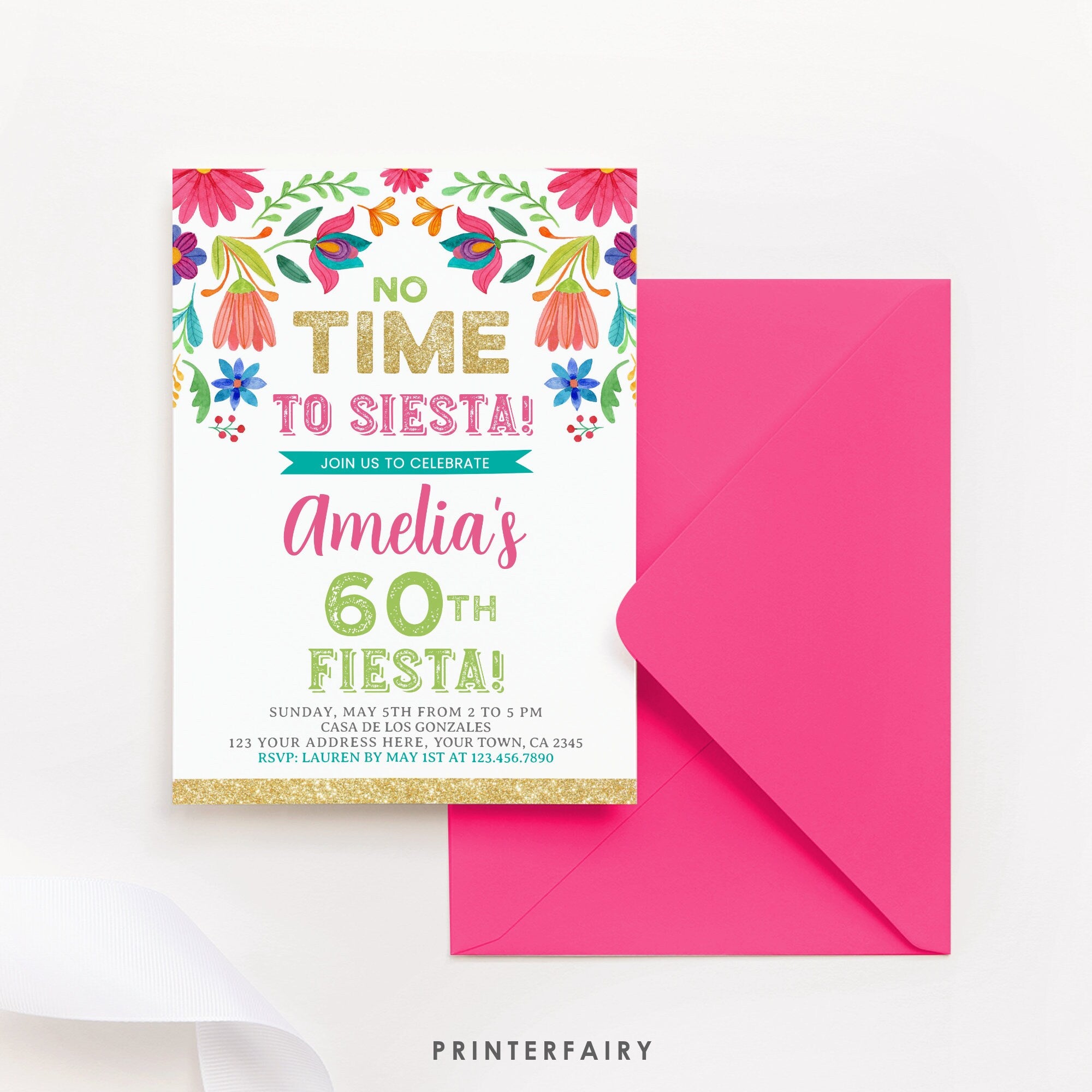 Mexican Floral Fiesta Birthday Invitation, Editable Template (Digital)