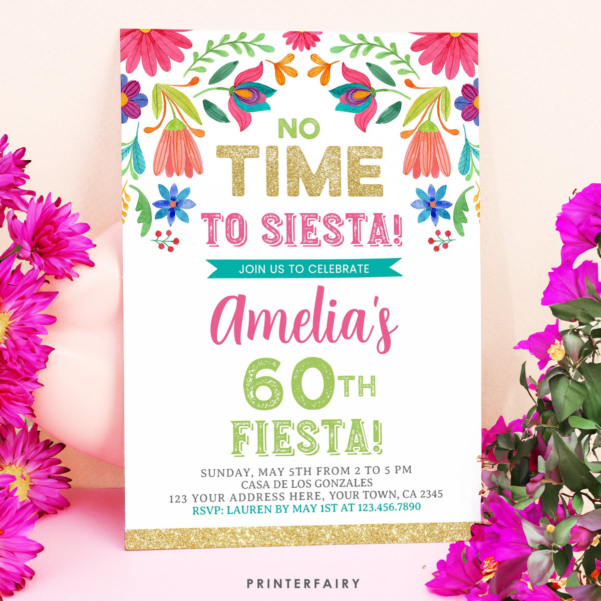 Mexican Floral Fiesta Birthday Invitation, Editable Template (Digital)