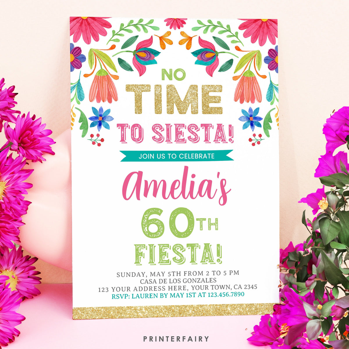 Mexican Floral Fiesta Birthday Invitation, Editable Template (Digital)