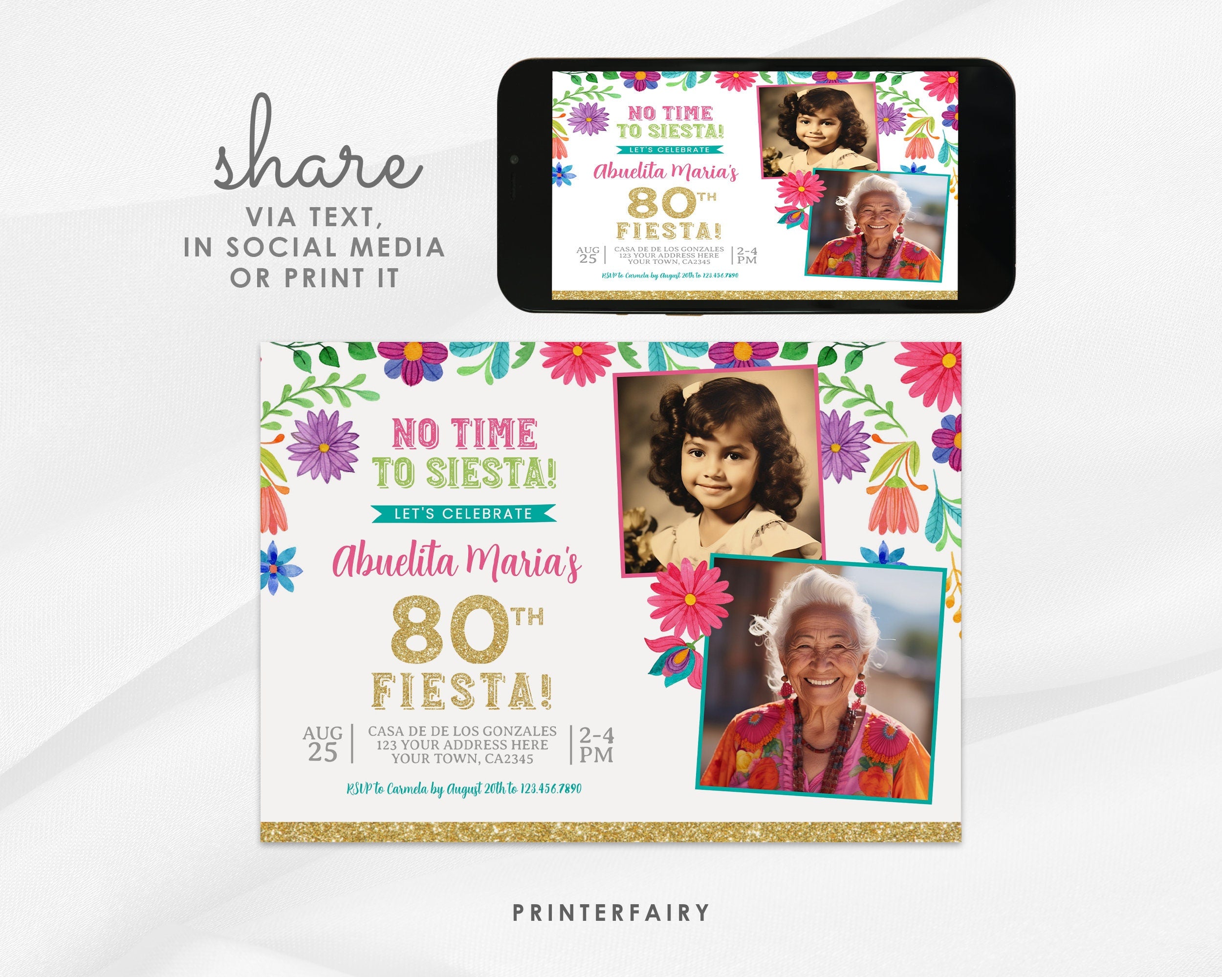 Mexican Floral Fiesta Birthday Invitation with Photo (Editable Digital Item)