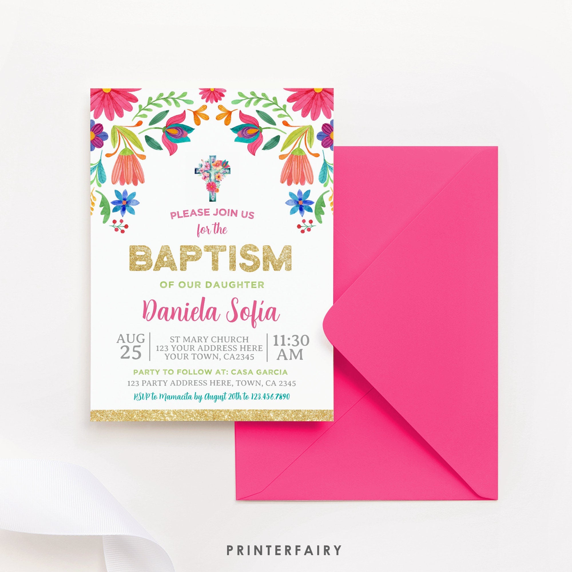 Mexican Floral Baptism Invitation, Fiesta Party (Editable Digital Item)