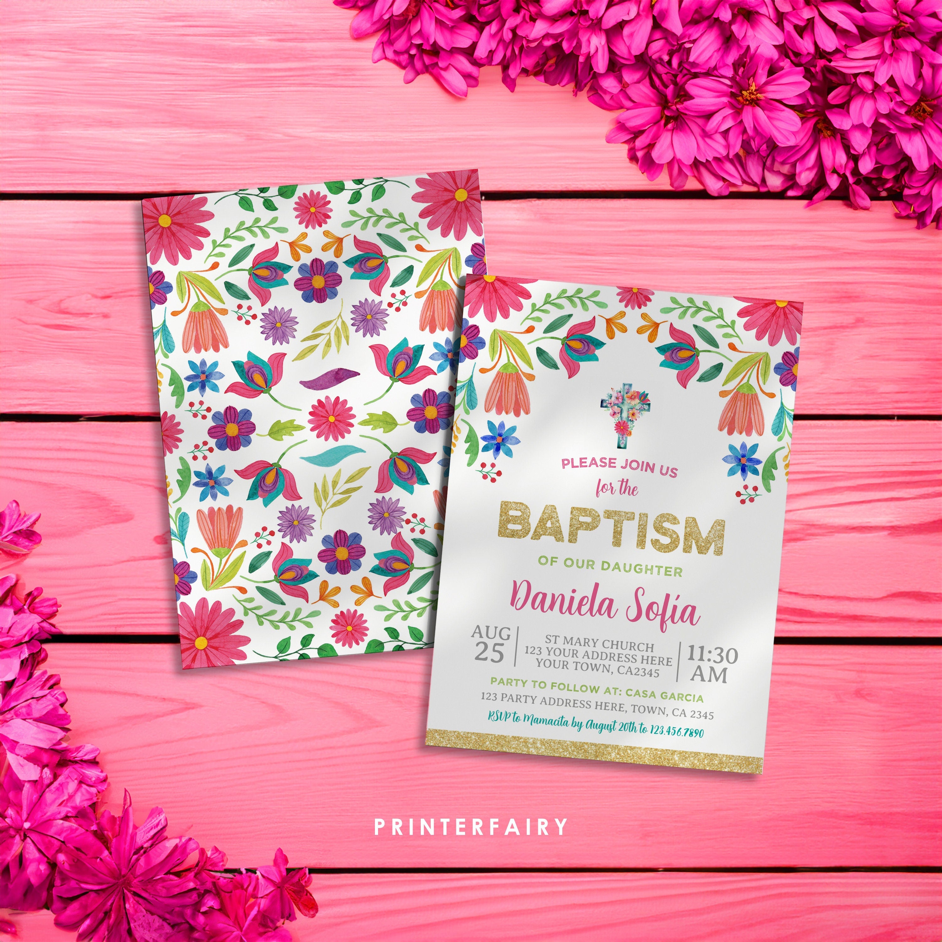Mexican Floral Baptism Invitation, Fiesta Party (Editable Digital Item)
