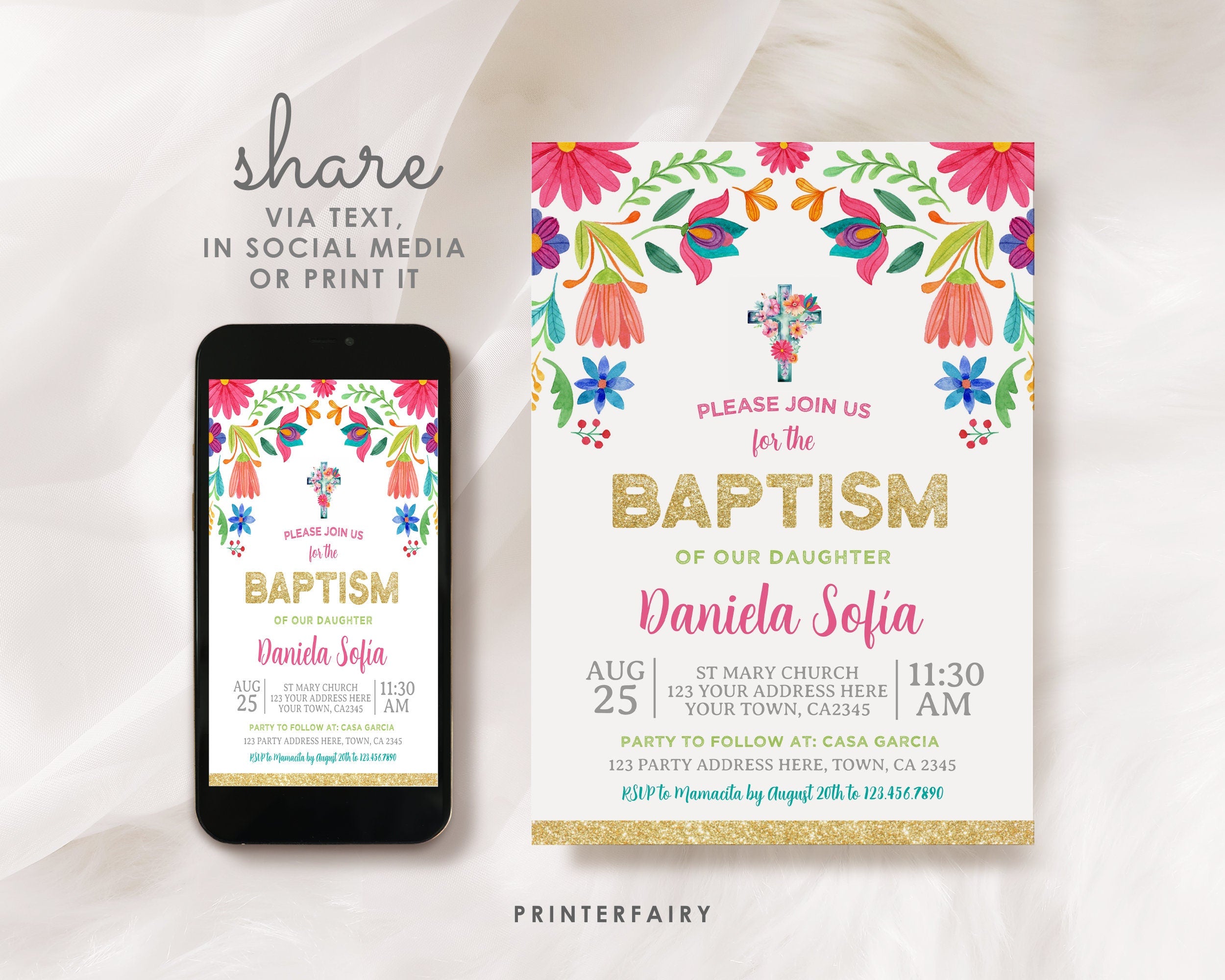 Mexican Floral Baptism Invitation, Fiesta Party (Editable Digital Item)
