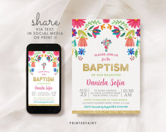 Mexican Floral Baptism Invitation, Fiesta Party (Editable Digital Item)