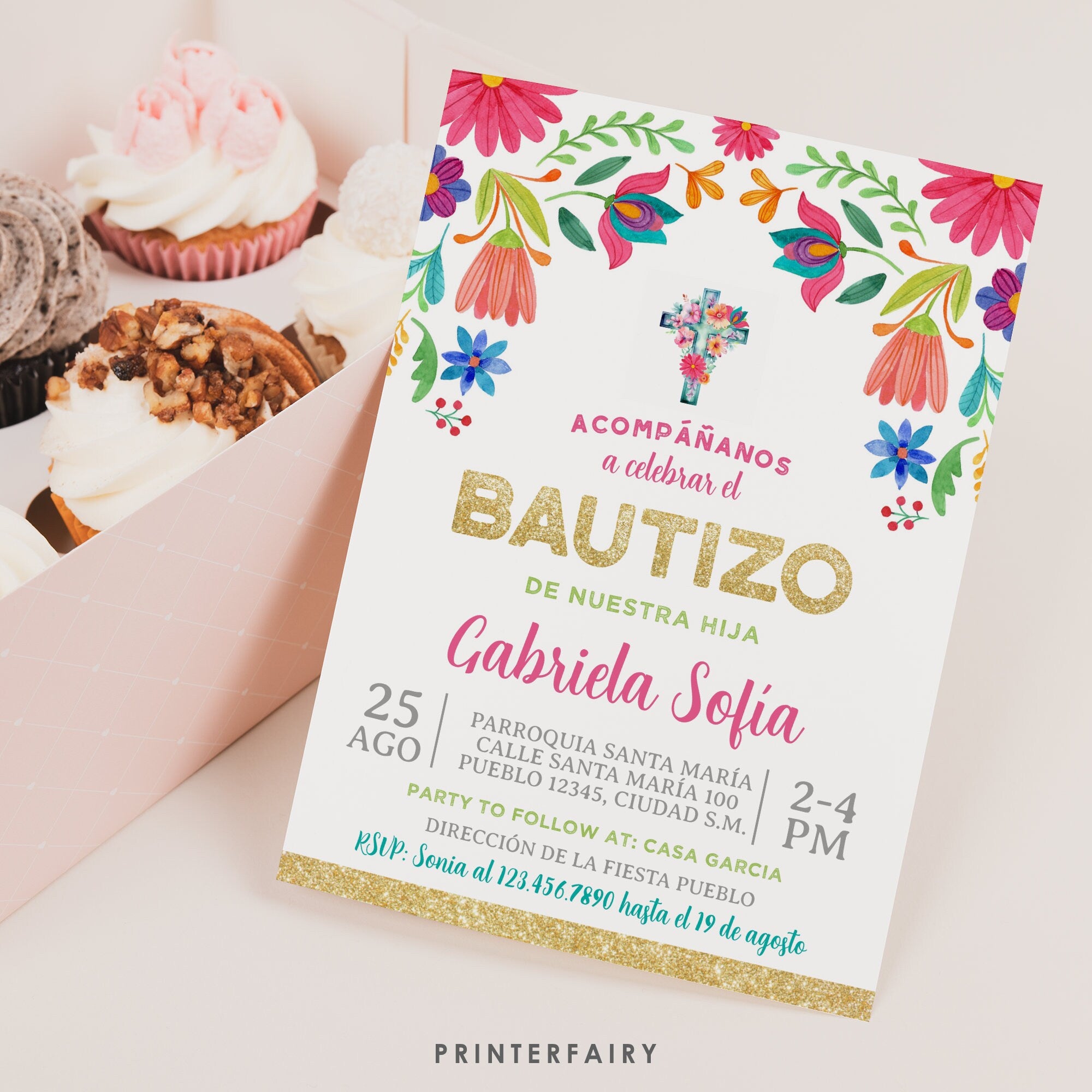 Floral Fiesta Bautizo Invitation, Editable Spanish Invite (Digital Download)