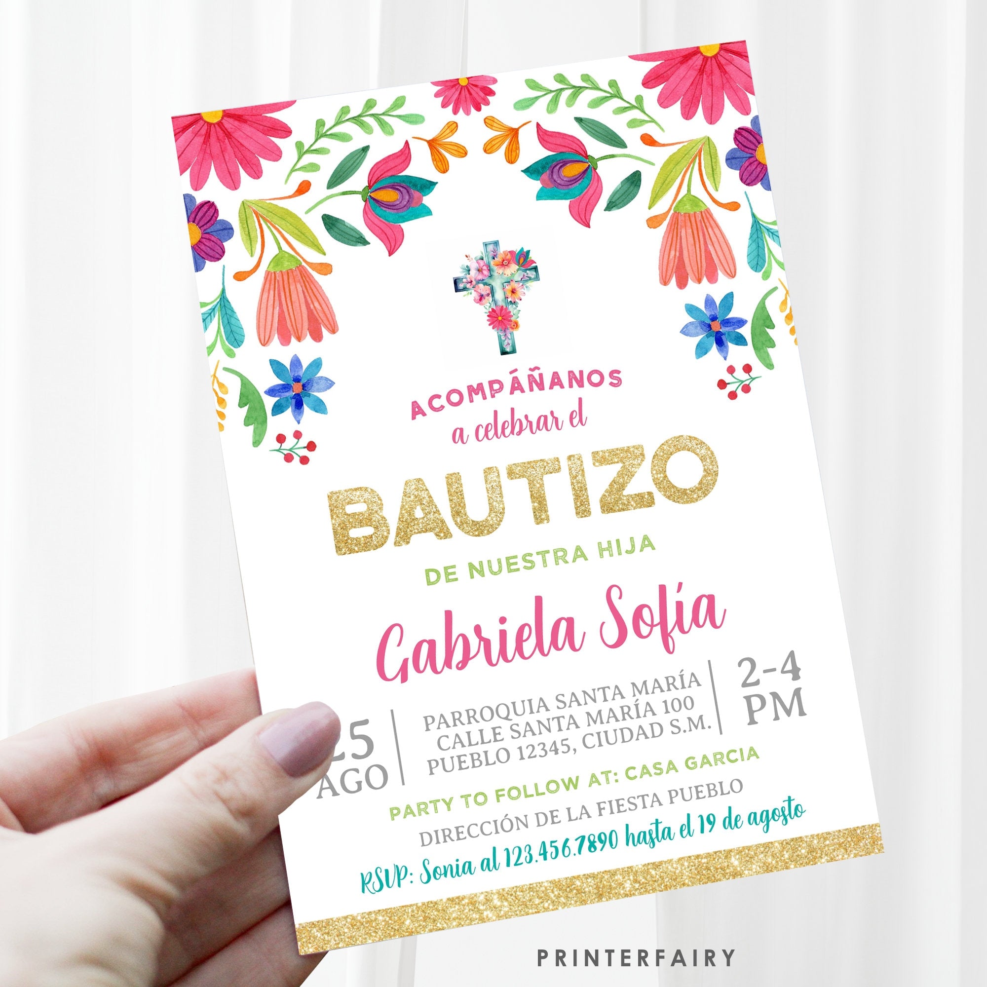 Floral Fiesta Bautizo Invitation, Editable Spanish Invite (Digital Download)