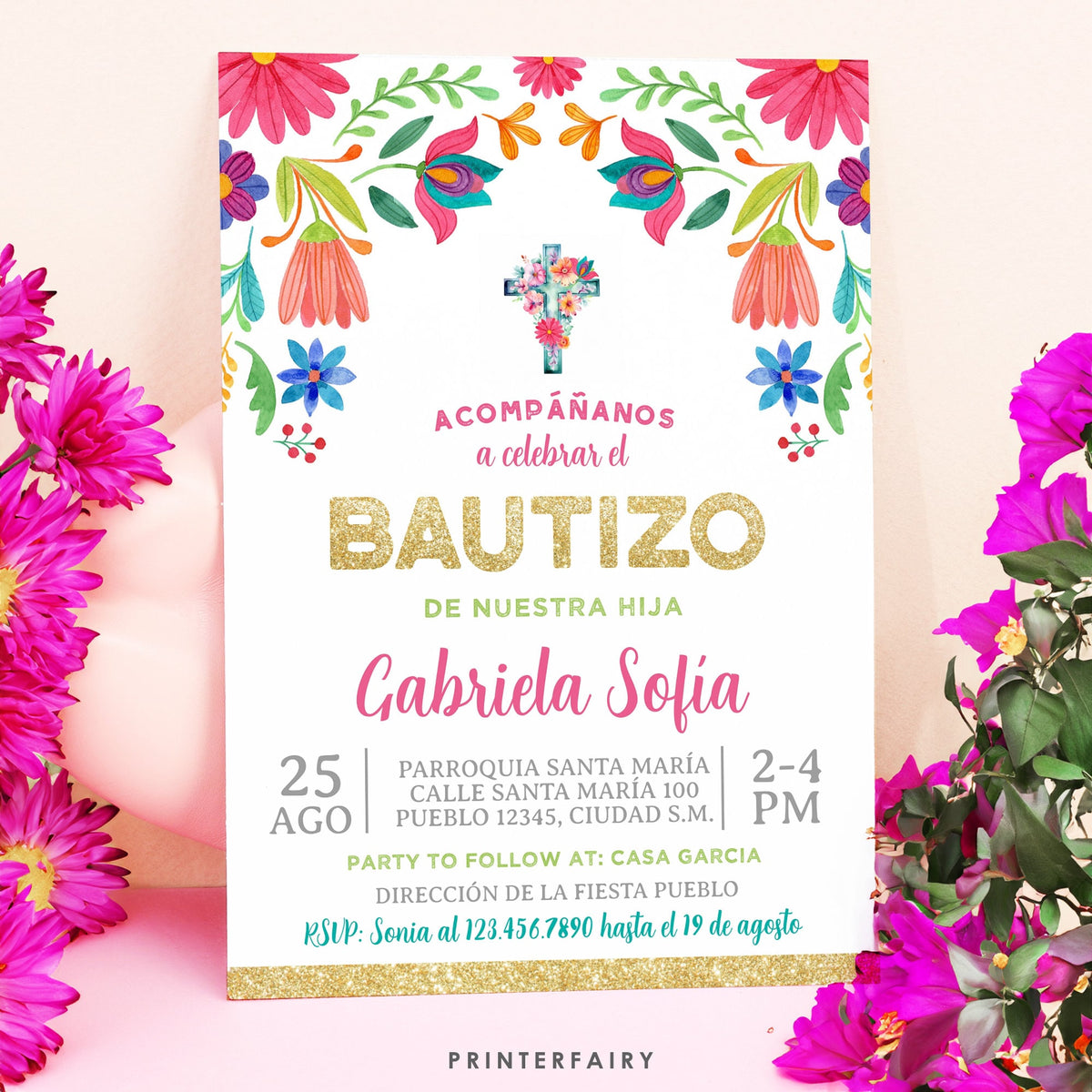 Floral Fiesta Bautizo Invitation, Editable Spanish Invite (Digital Download)