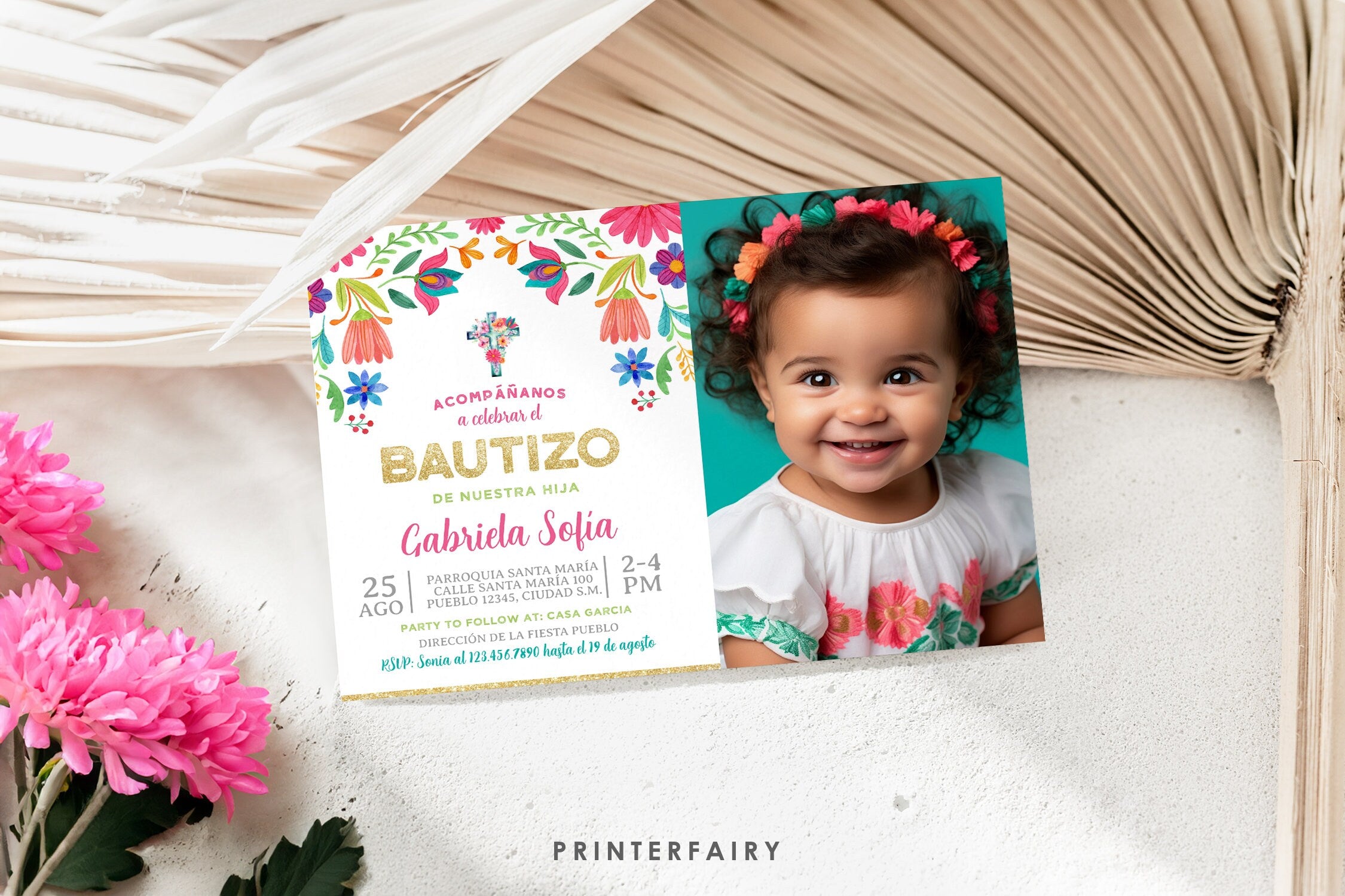 Floral Fiesta Bautizo Invitation with Photo (Digital Download)