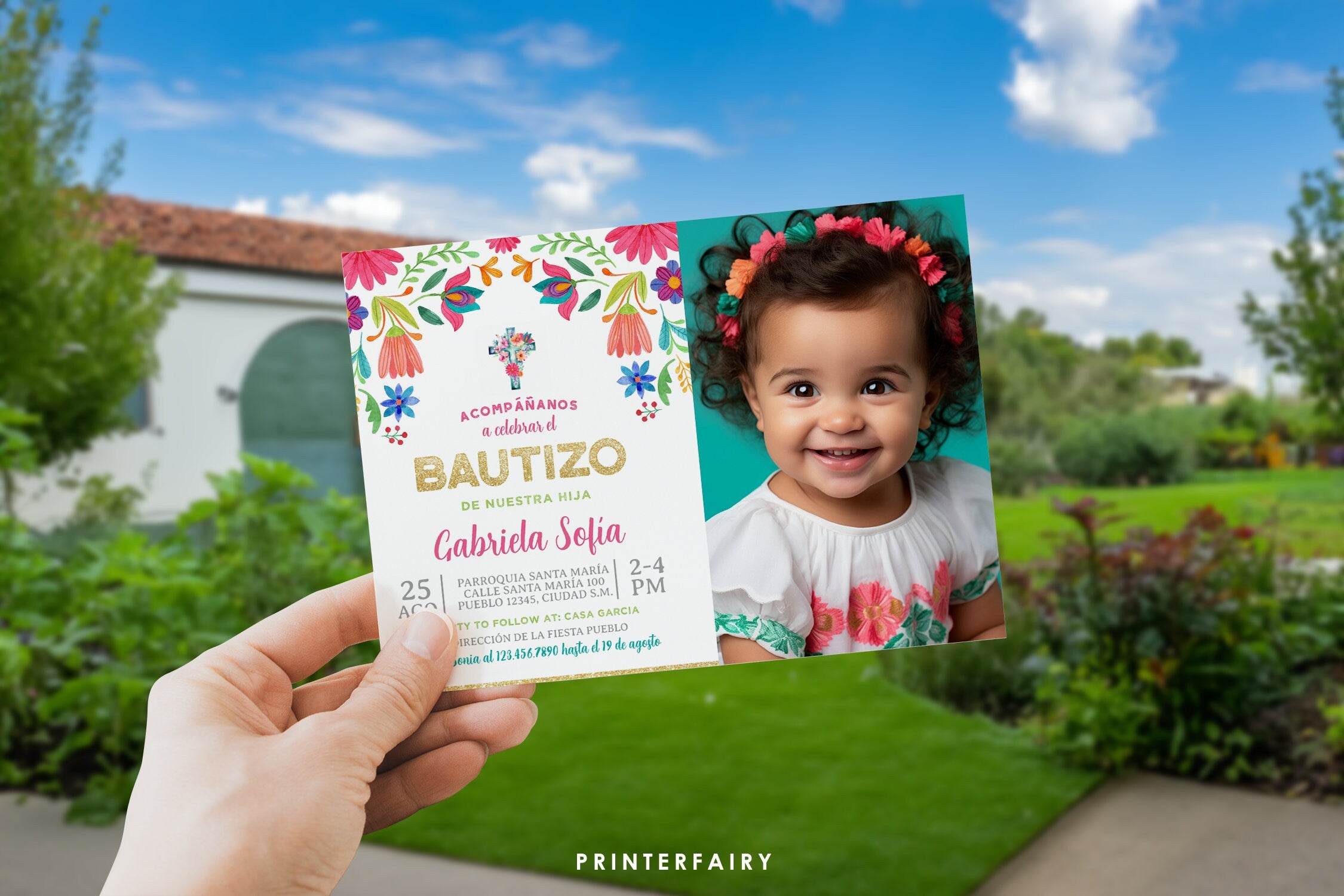 Floral Fiesta Bautizo Invitation with Photo (Digital Download)