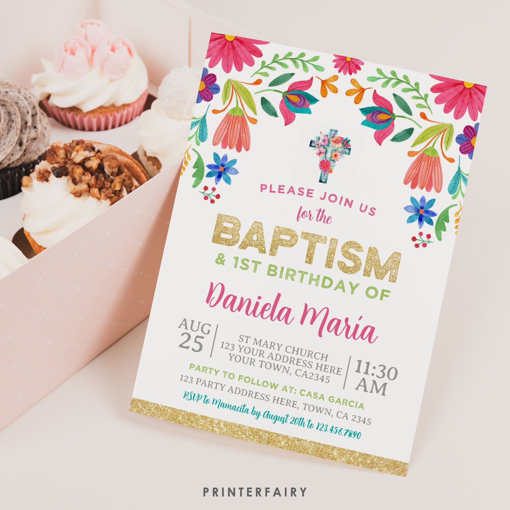 Floral Fiesta Baptism Birthday Invitation, Editable Cinco de Mayo Invite (Digital)