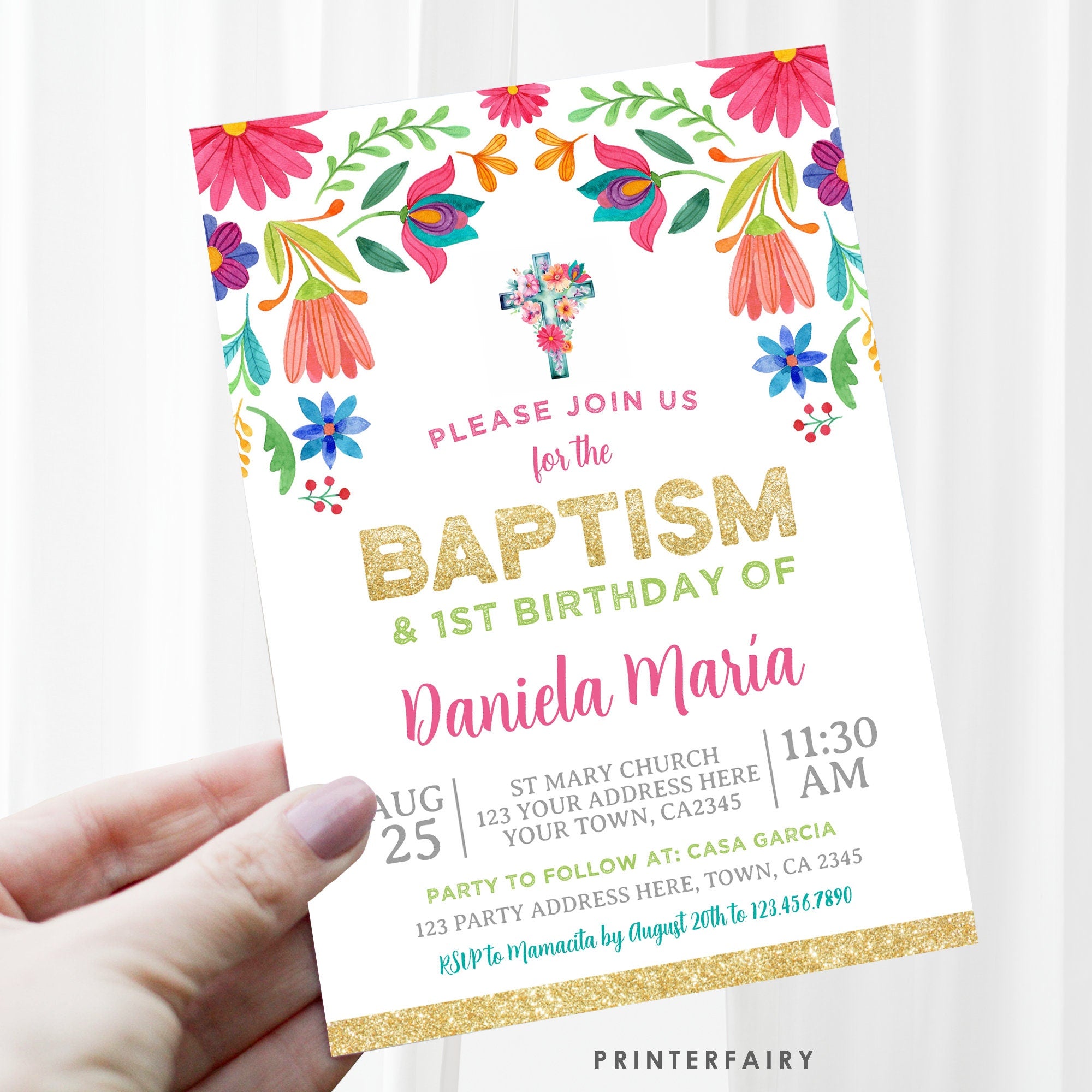Floral Fiesta Baptism Birthday Invitation, Editable Cinco de Mayo Invite (Digital)