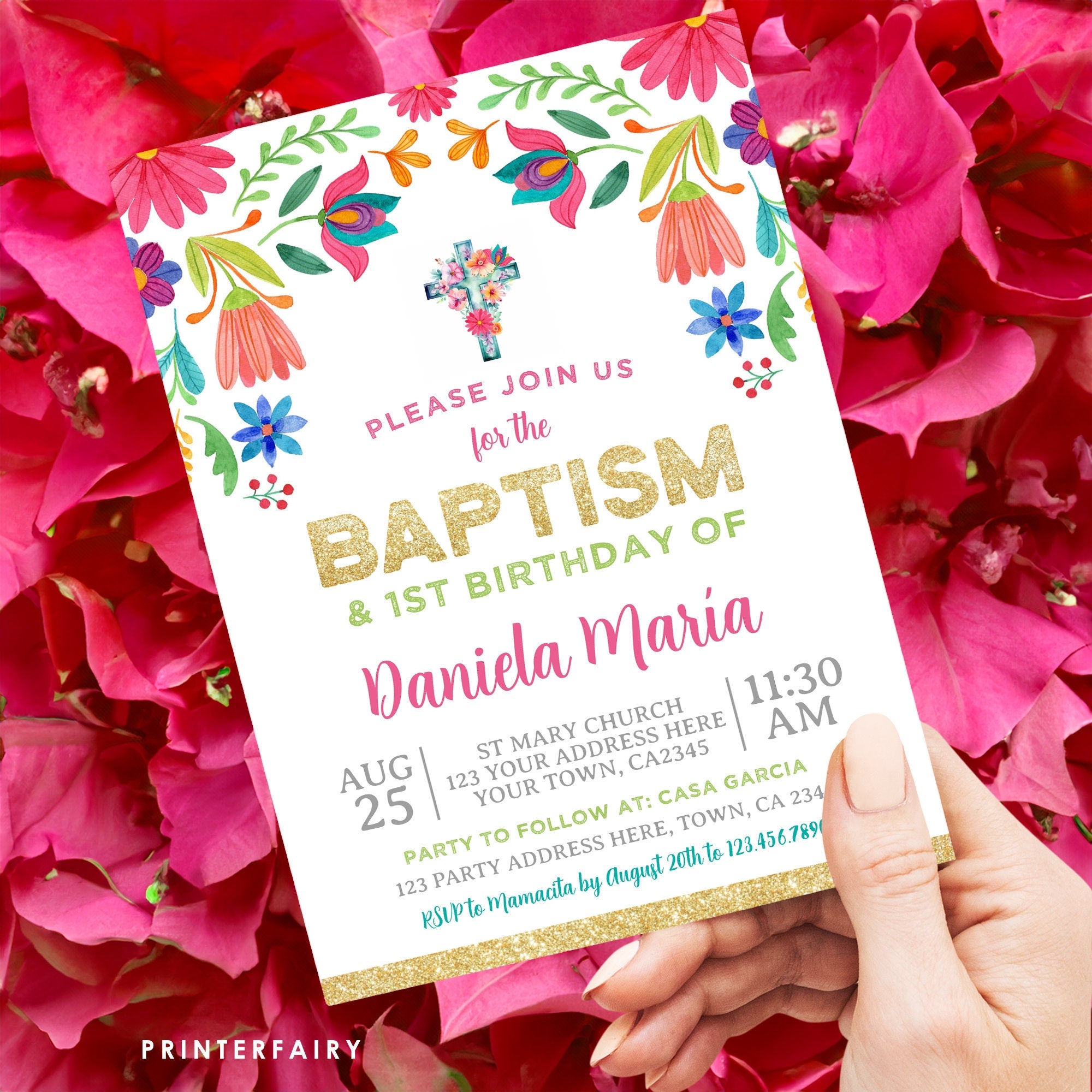 Floral Fiesta Baptism Birthday Invitation, Editable Cinco de Mayo Invite (Digital)