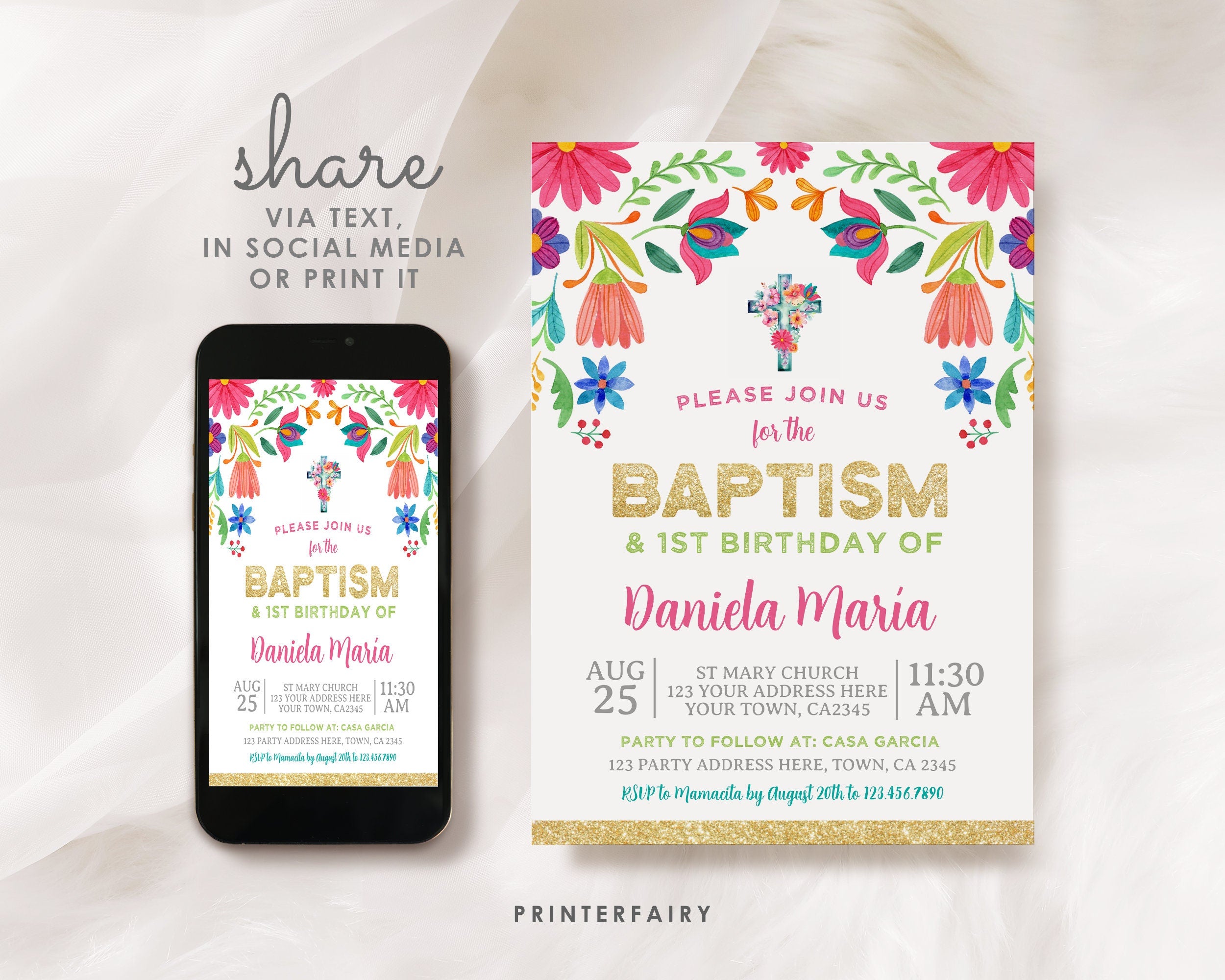 Floral Fiesta Baptism Birthday Invitation, Editable Cinco de Mayo Invite (Digital)
