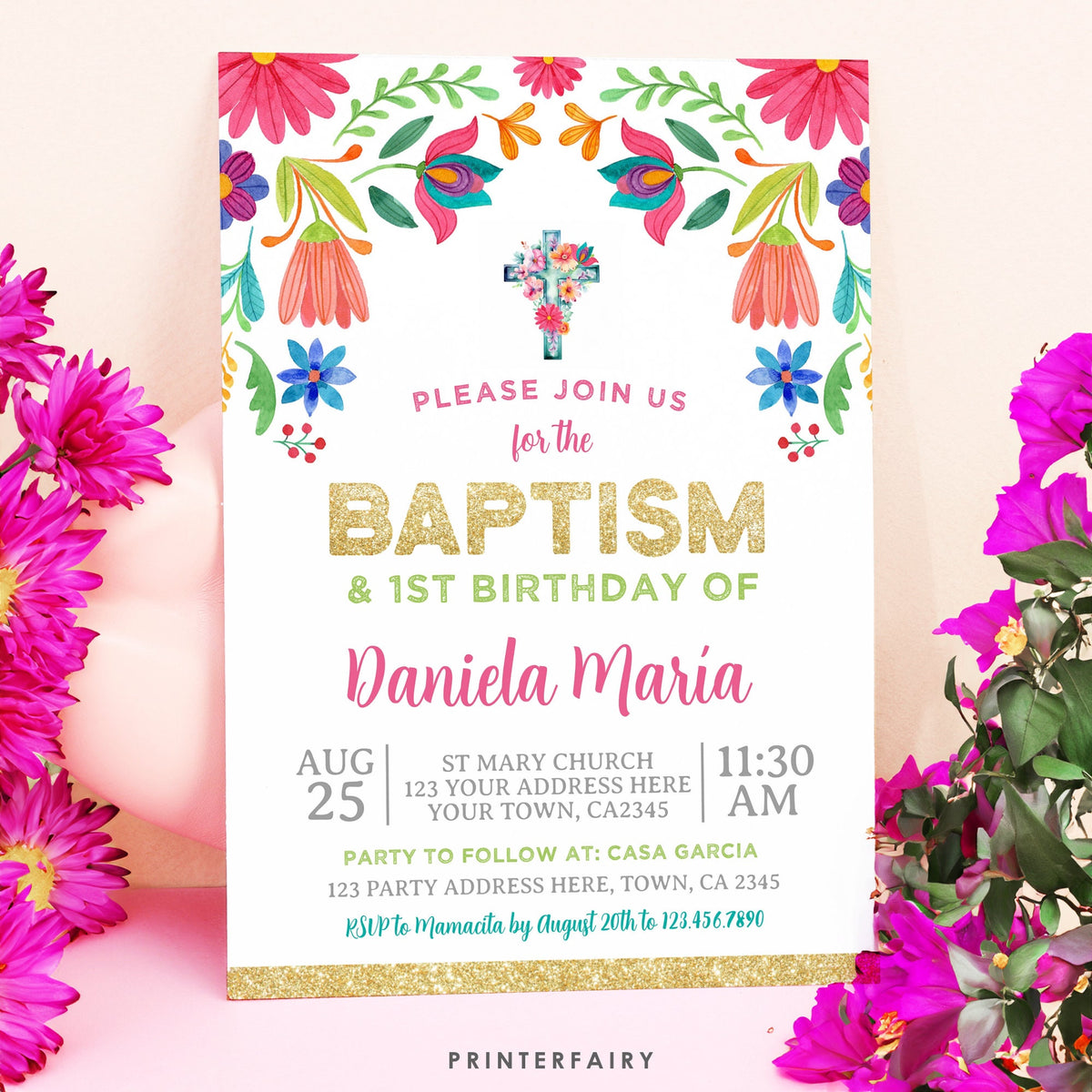 Floral Fiesta Baptism Birthday Invitation, Editable Cinco de Mayo Invite (Digital)