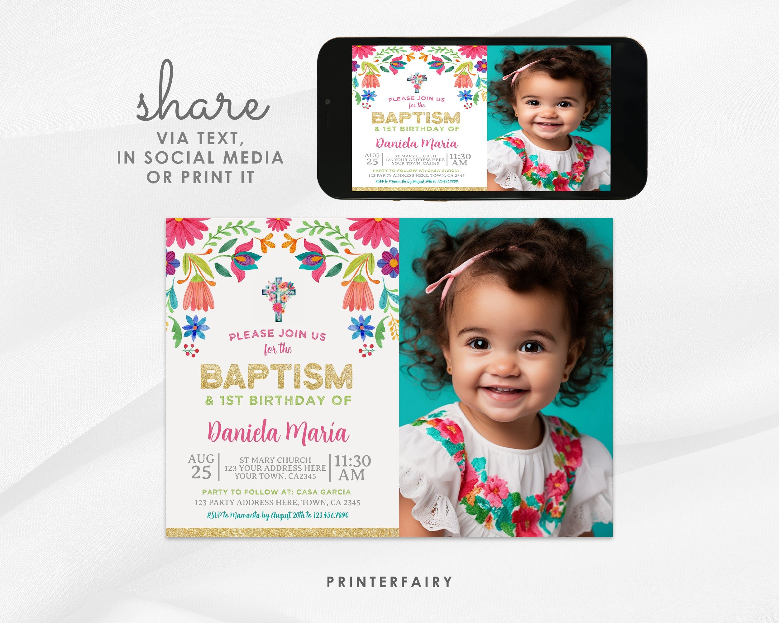 Mexican Floral Baptism Birthday Invitation with Photo (Editable Digital Item)