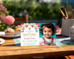 Mexican Floral Baptism Birthday Invitation with Photo (Editable Digital Item)