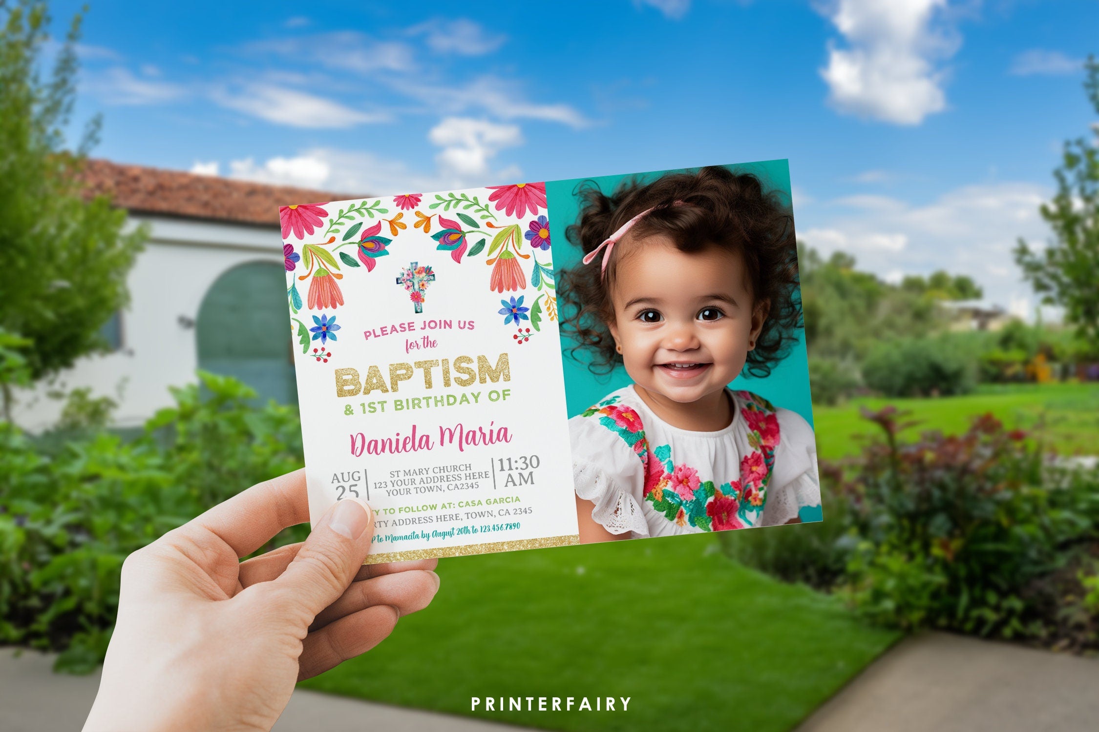 Mexican Floral Baptism Birthday Invitation with Photo (Editable Digital Item)