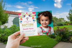Mexican Floral Baptism Birthday Invitation with Photo (Editable Digital Item)