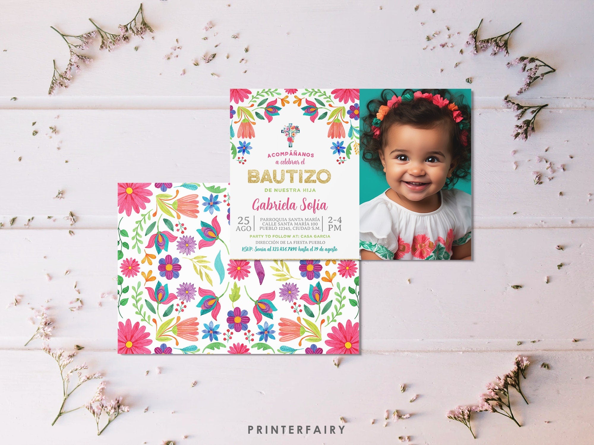 Mexican Floral Baptism Birthday Invitation with Photo (Editable Digital Item)