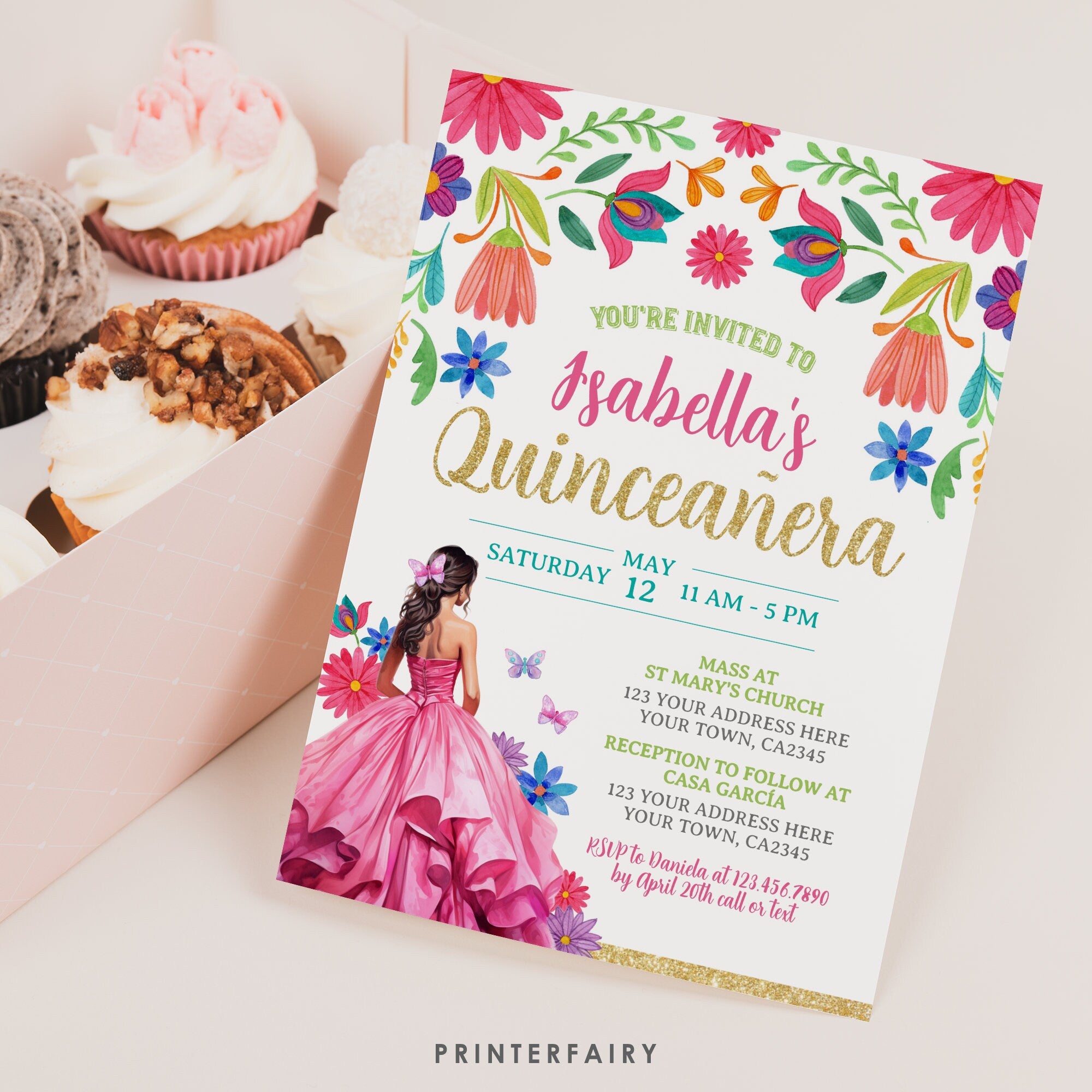 Floral Mexican Quinceañera Invitation, Fiesta Birthday Invite (Digital Download)