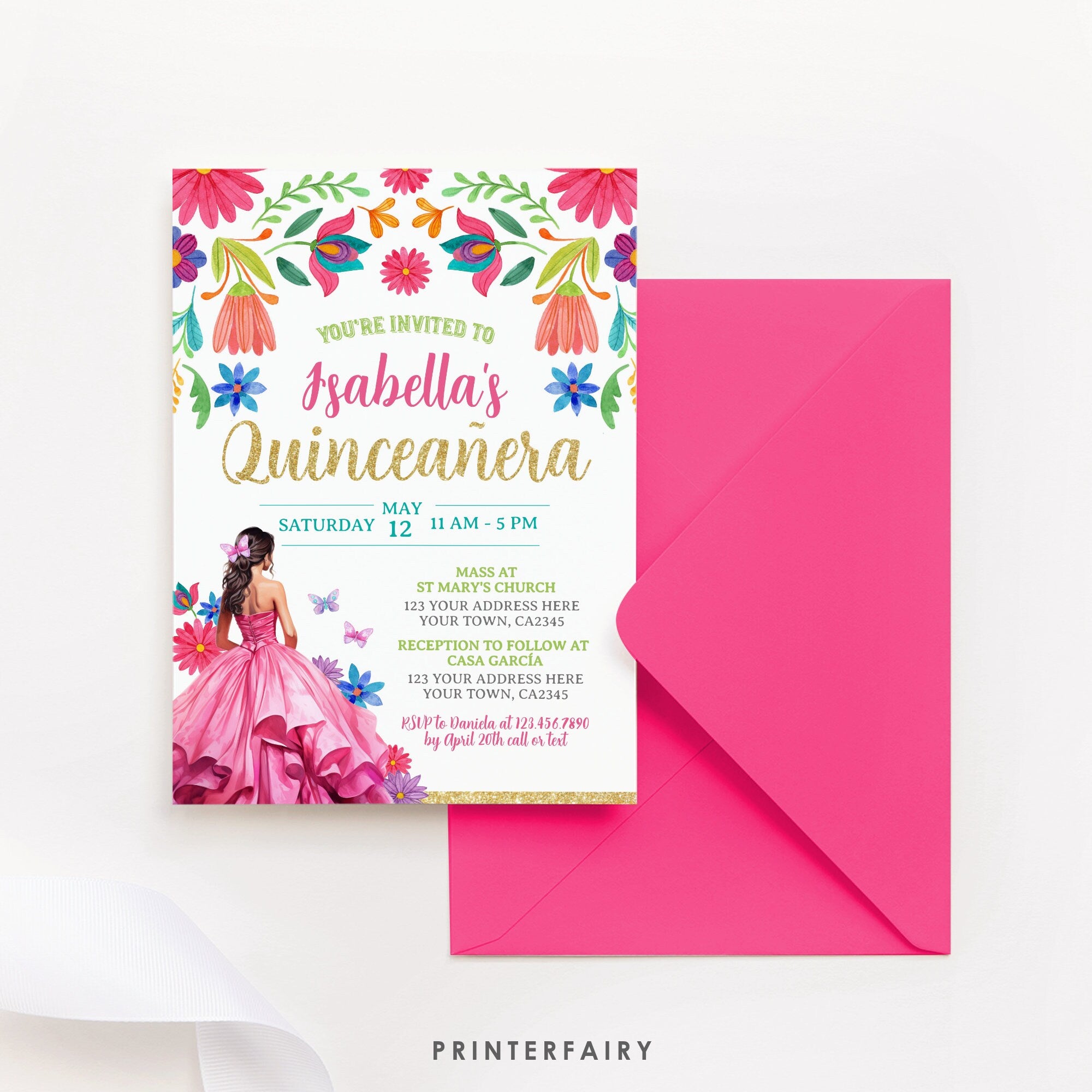 Floral Mexican Quinceañera Invitation, Fiesta Birthday Invite (Digital Download)